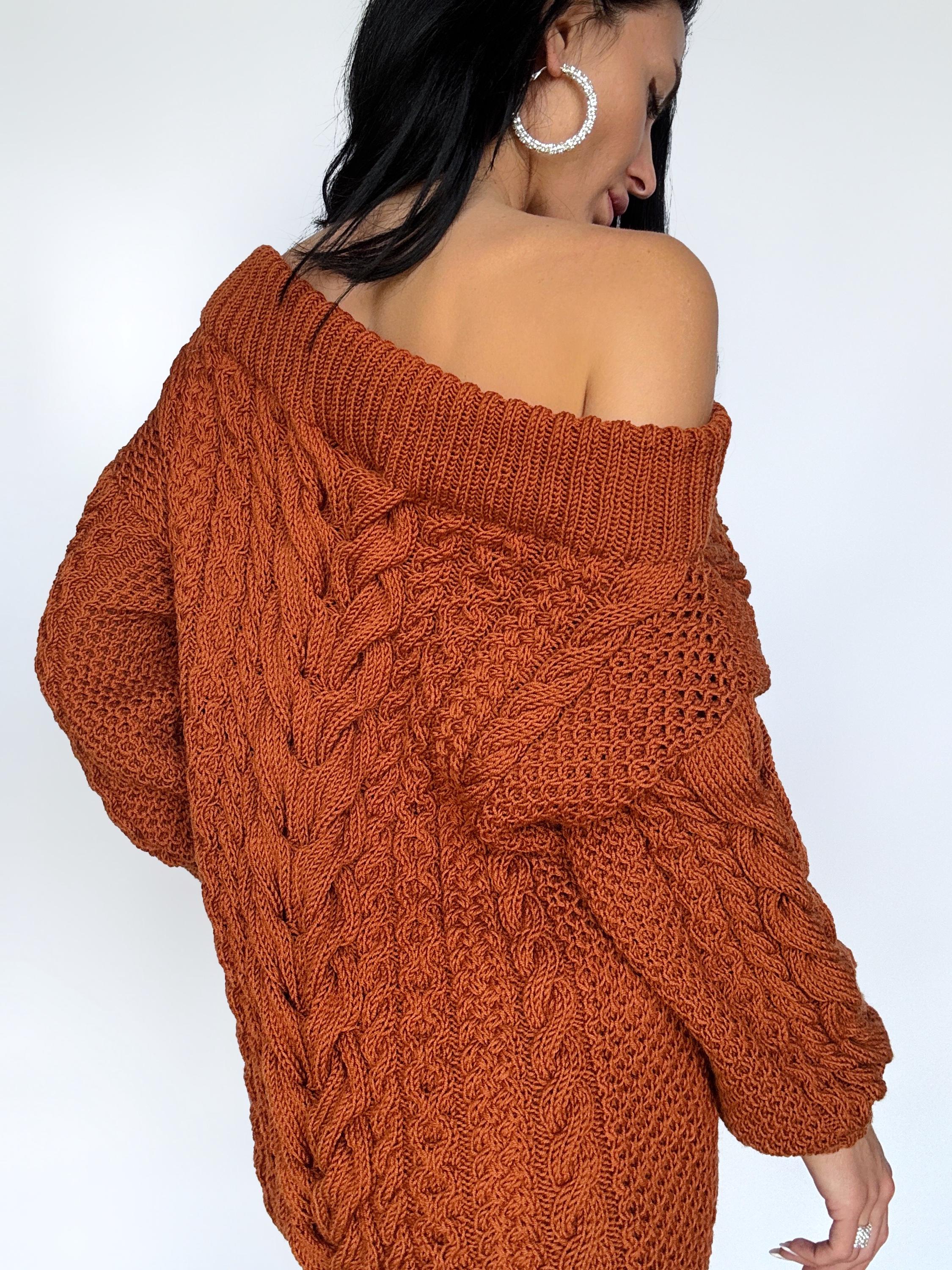 Cable knit merino wool copper sweater dress open shoulders Mustard Orange one shoulder dress Wide sleeves off shoulder sweater women