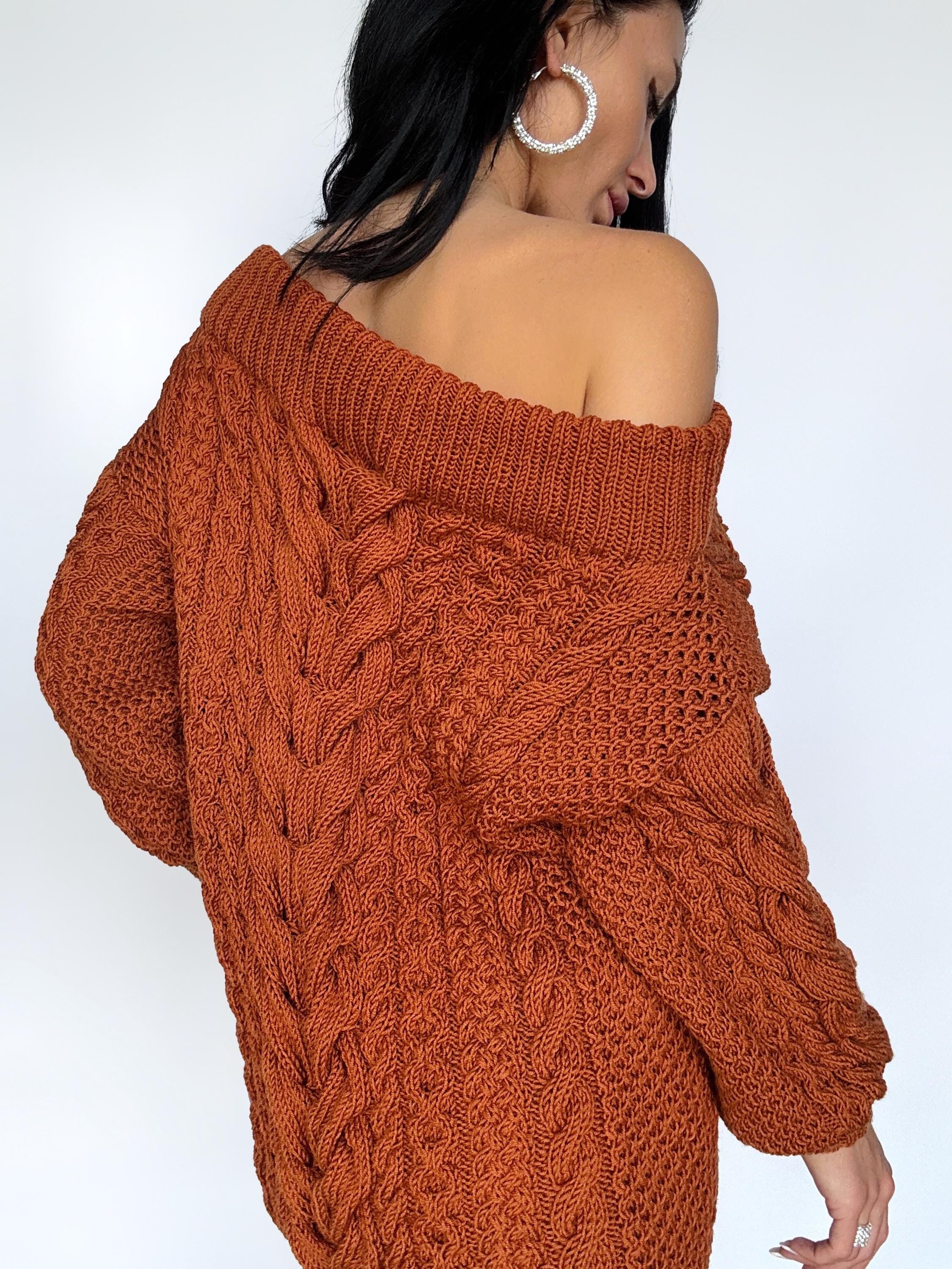 Aran merino wool sweater dress open shoulders Copper Mustard Orange one shoulder dress Cable knit wide sleeves off shoulder sweater women