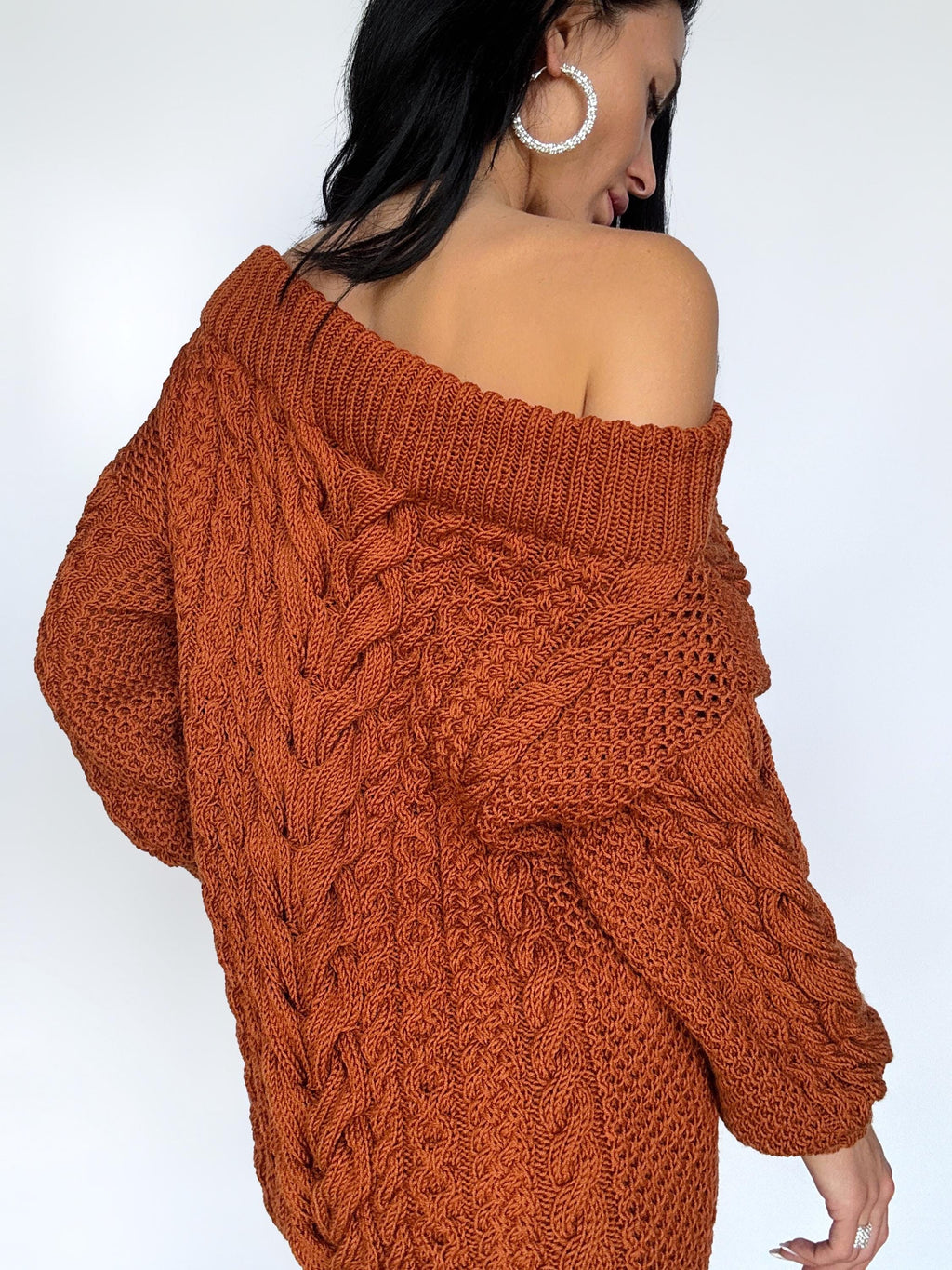 Aran merino wool sweater dress open shoulders Copper Mustard Orange one shoulder dress Cable knit wide sleeves off shoulder sweater women