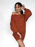 Cable knit merino wool copper sweater dress open shoulders Mustard Orange one shoulder dress Wide sleeves off shoulder sweater women