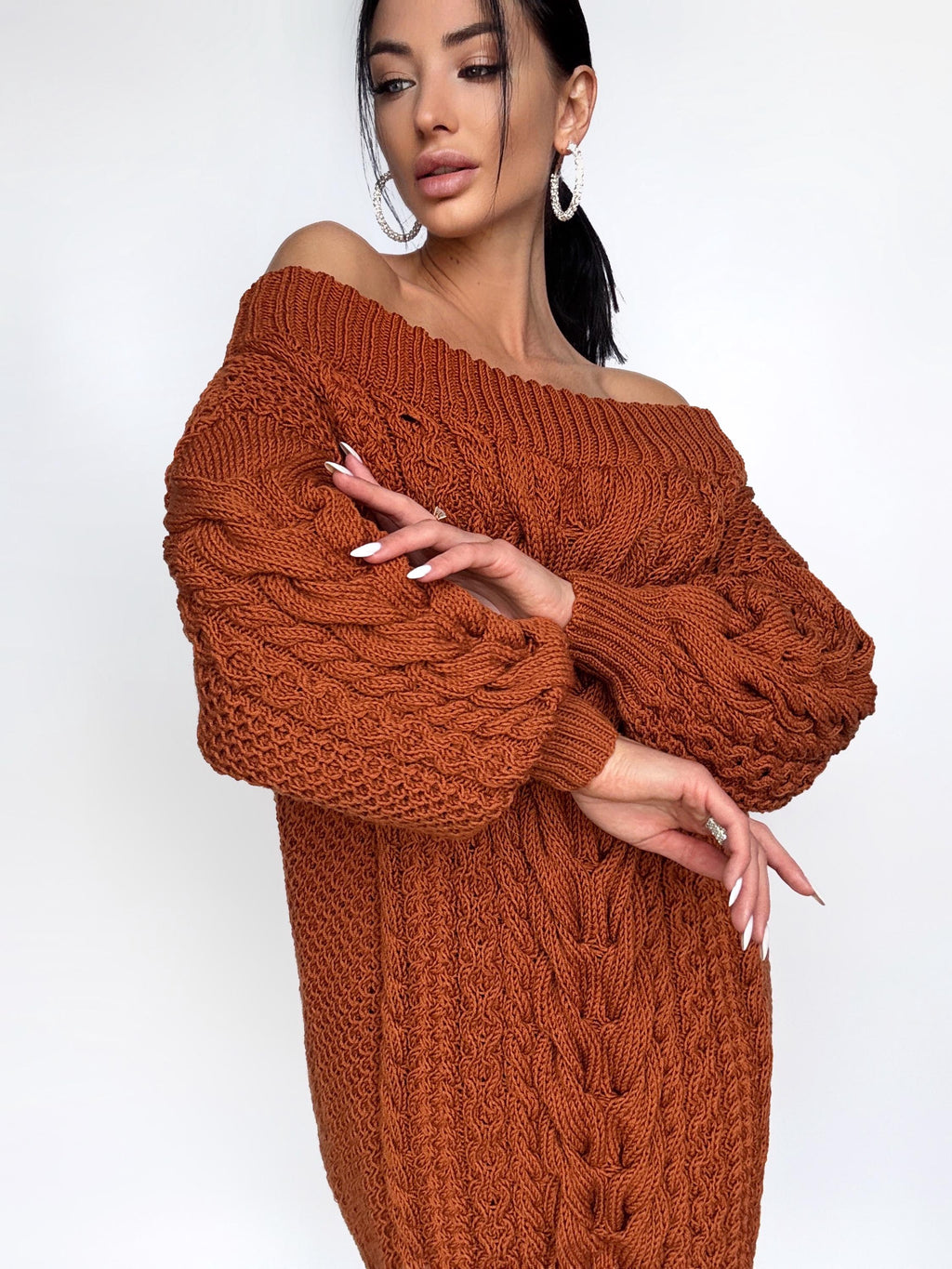 Aran merino wool sweater dress open shoulders Copper Mustard Orange one shoulder dress Cable knit wide sleeves off shoulder sweater women