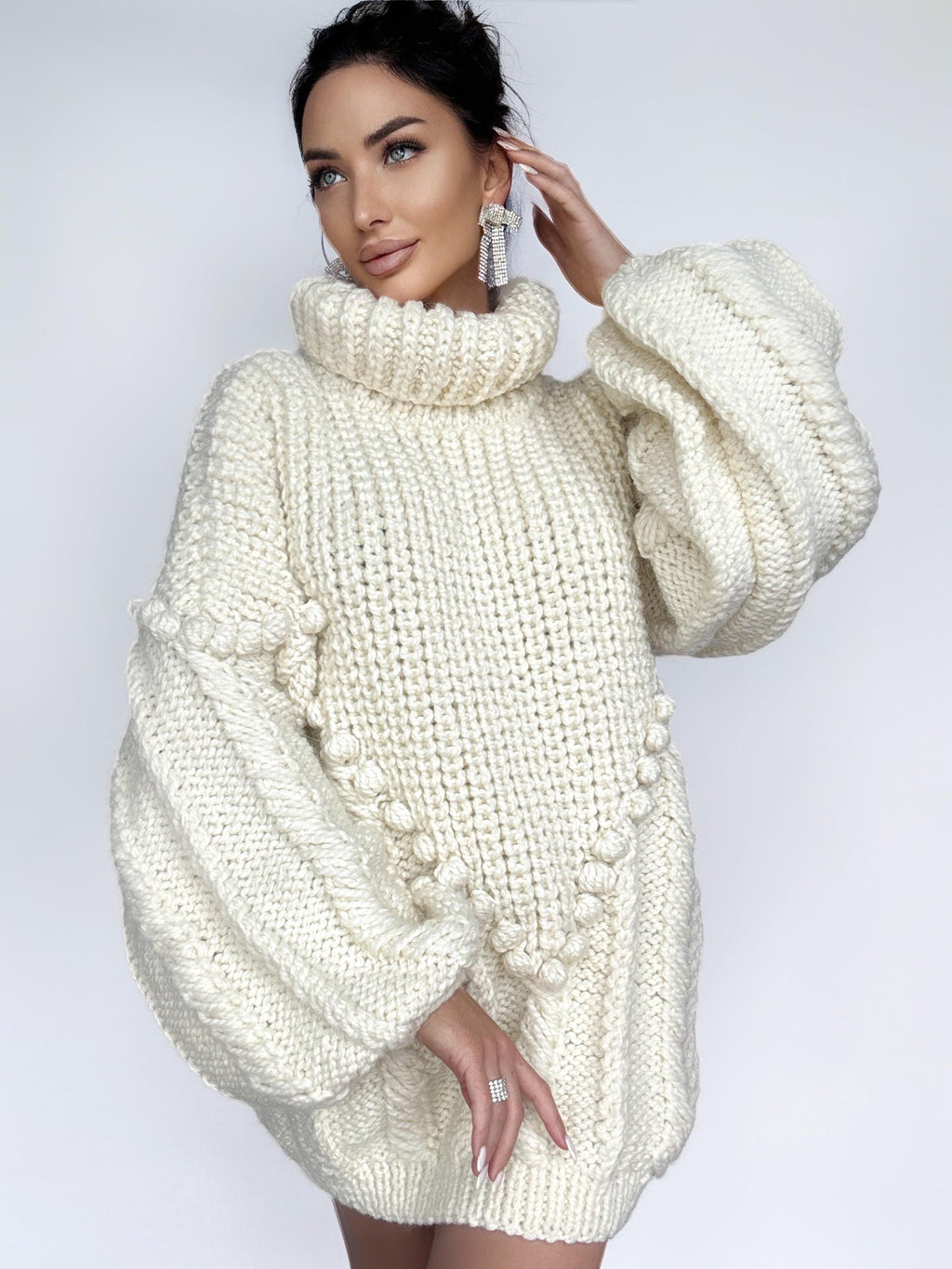 Hand knit big cream white wool sweater Cable knit pastel white super bulky sweater high collar Puff sleeves turtleneck chunky knit sweater