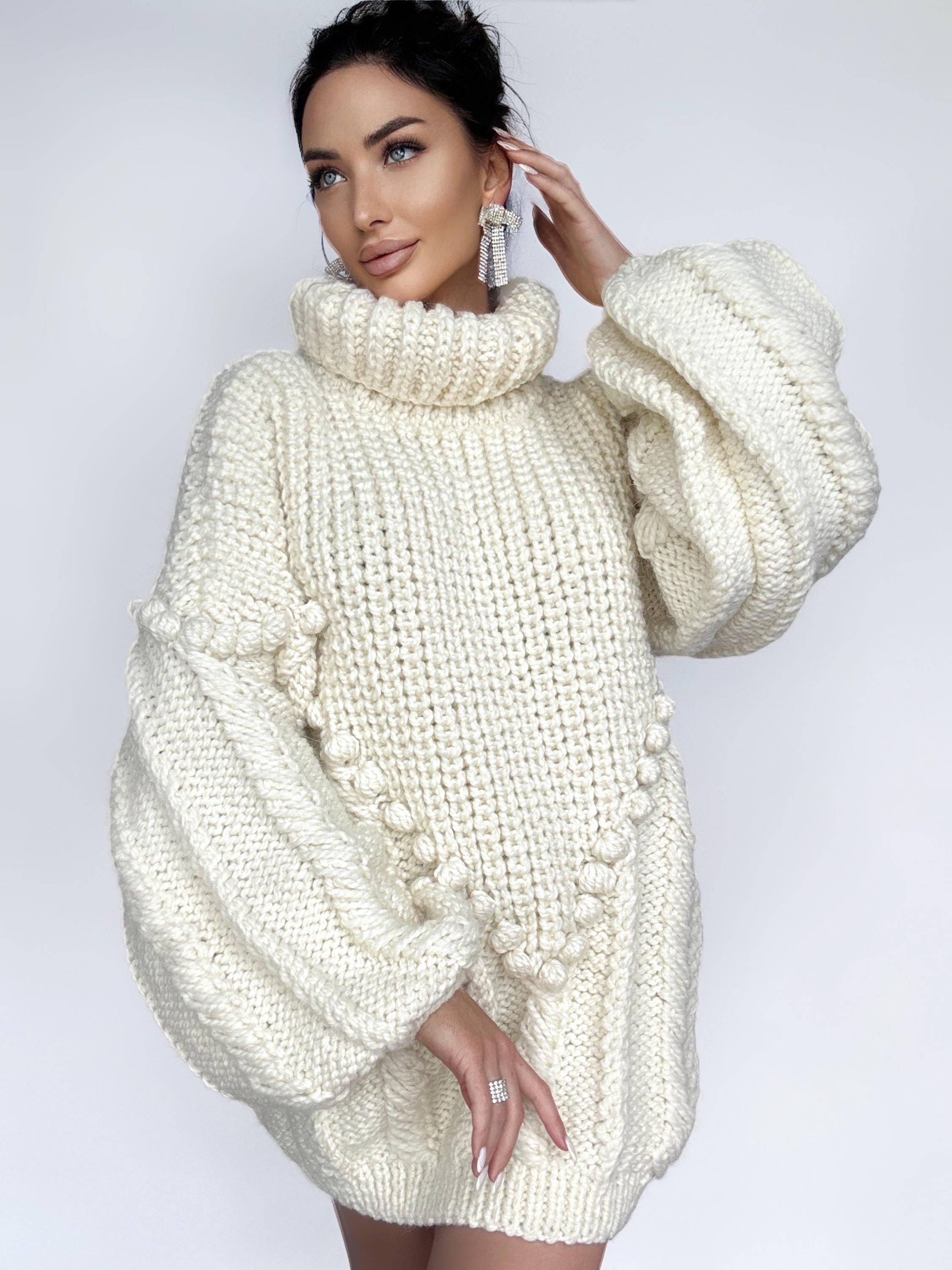Hand knit big cream white wool sweater Cable knit pastel white super bulky sweater high collar Puff sleeves turtleneck chunky knit sweater