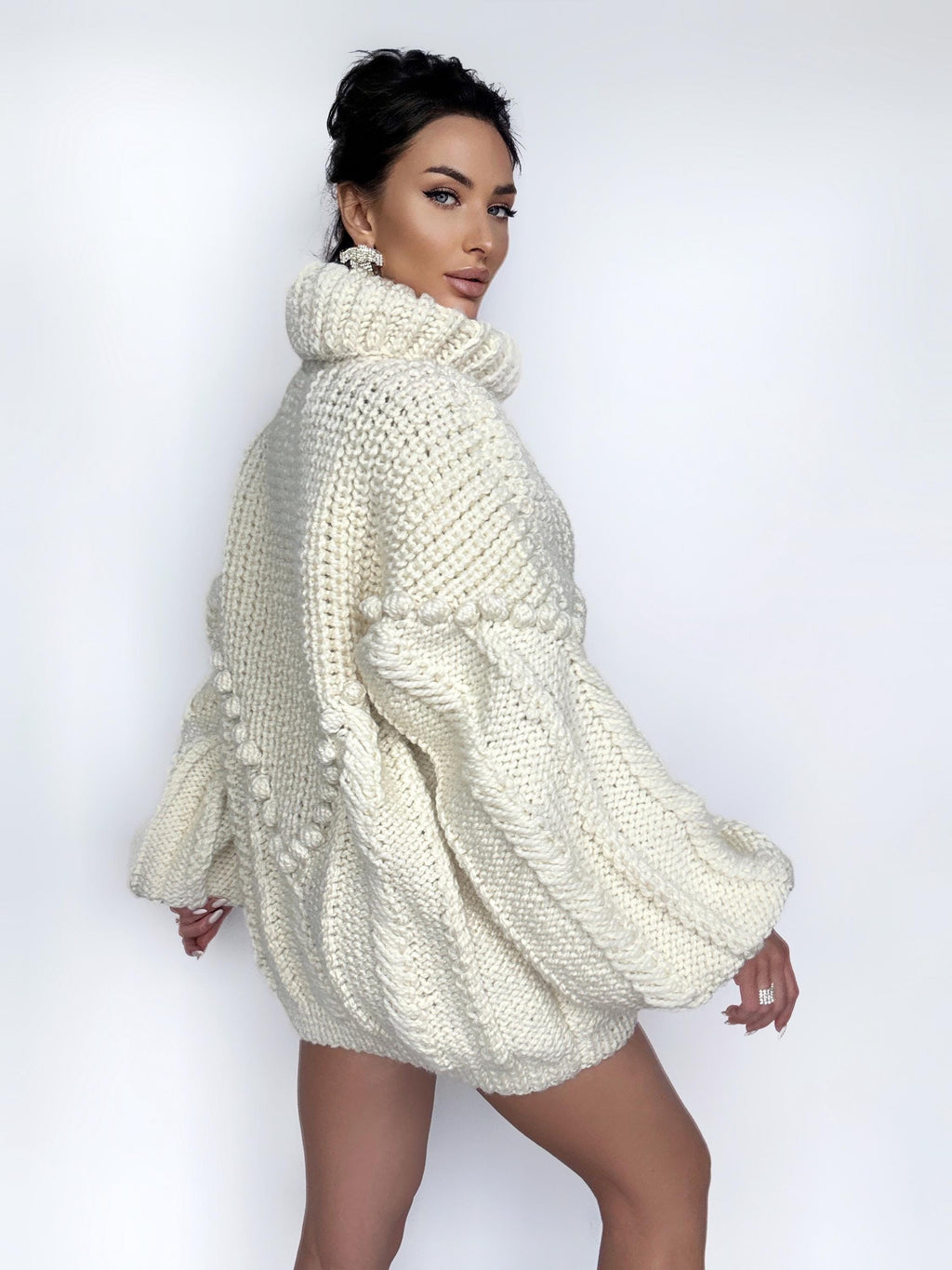 Hand knit big cream white wool sweater Cable knit pastel white super bulky sweater high collar Puff sleeves turtleneck chunky knit sweater
