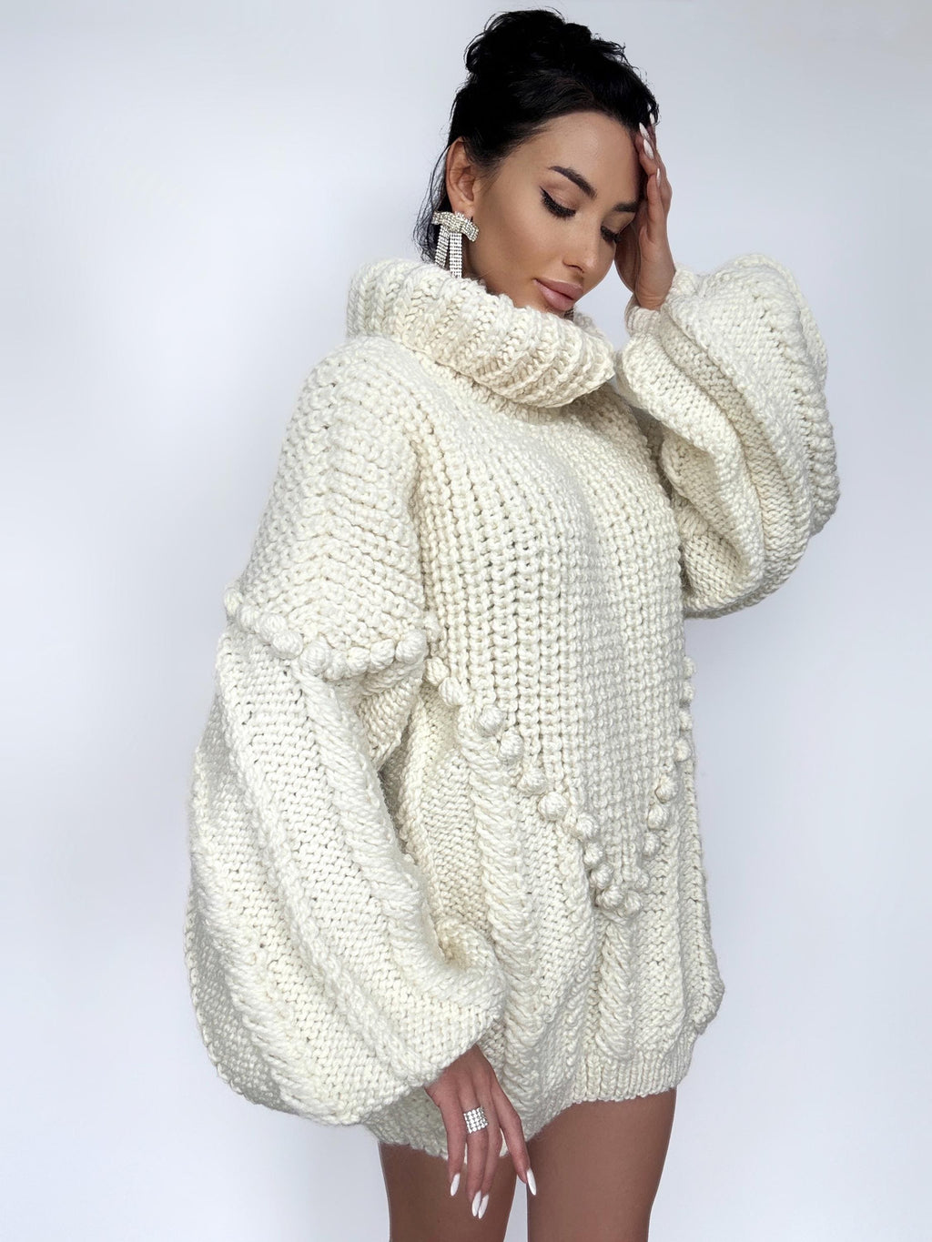 Chunky knit big milk white wool sweater dress Cable knit pastel cream sweater high collar Puff sleeves Knit turtleneck Super Bulky Sweater