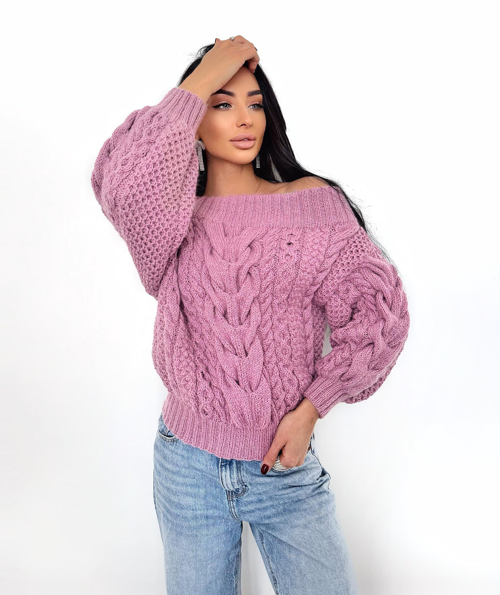 Hand knit alpaca wool pink sweater off shoulders woman Cable hand knit sweater Loose pullover Сhunky knit bulky on one shoulder