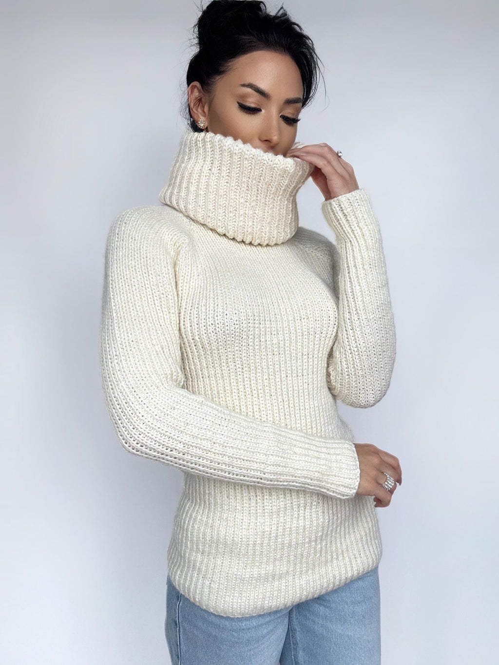 Hand knit merino wool milk white big collar long sweater Cable Knit Turtleneck Pastel wool pullover Womens Chunky knit sweater dress