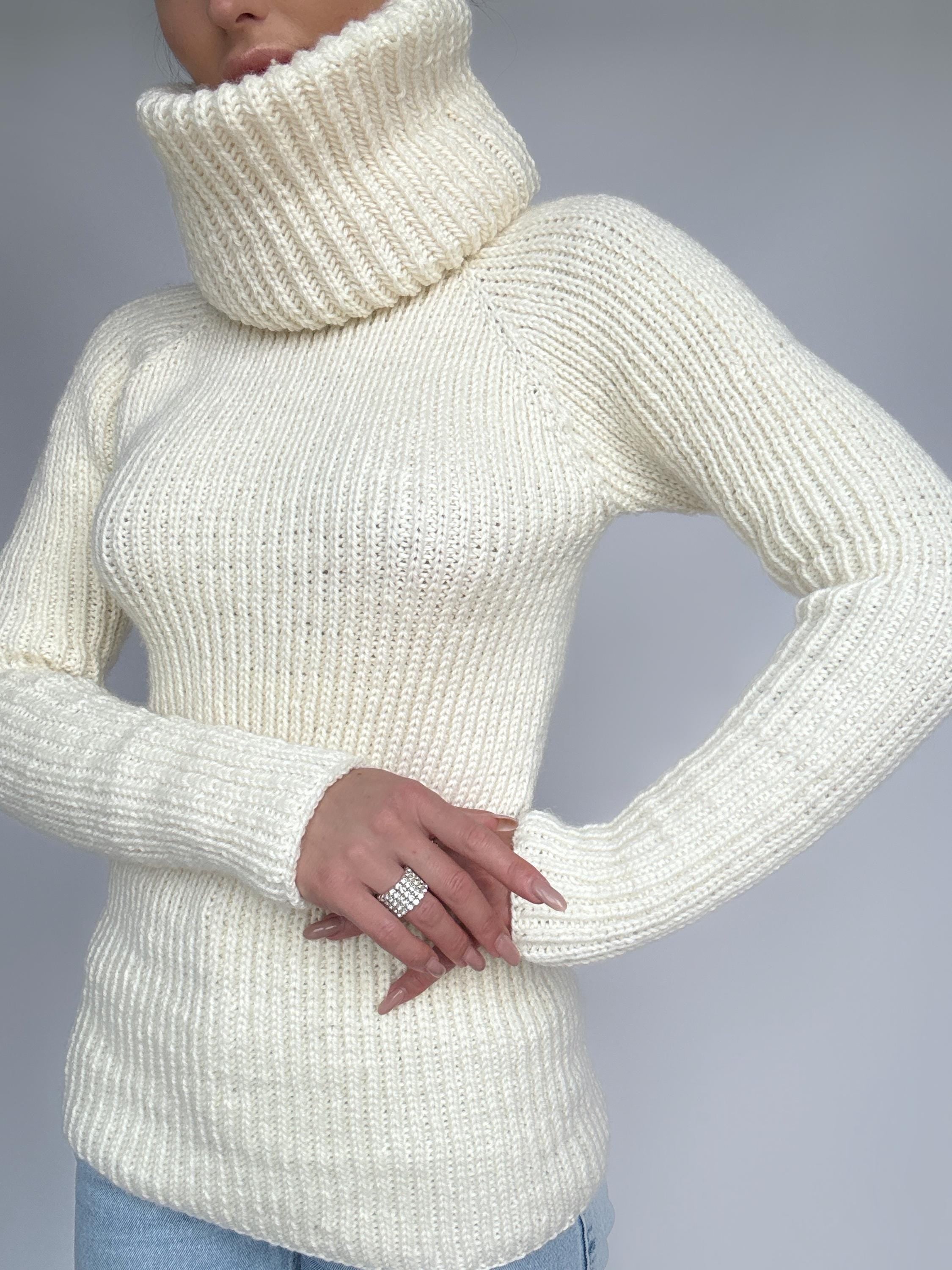 Hand knit merino wool milk white big collar long sweater Cable Knit Turtleneck Pastel wool pullover Womens Chunky knit sweater dress