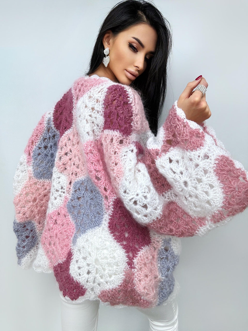 Mohair fluffy crochet cardigan for women patchwork Balloon sleeves Mohair knit sweater Multicolor knitted coat Jacket Women cardigan boler