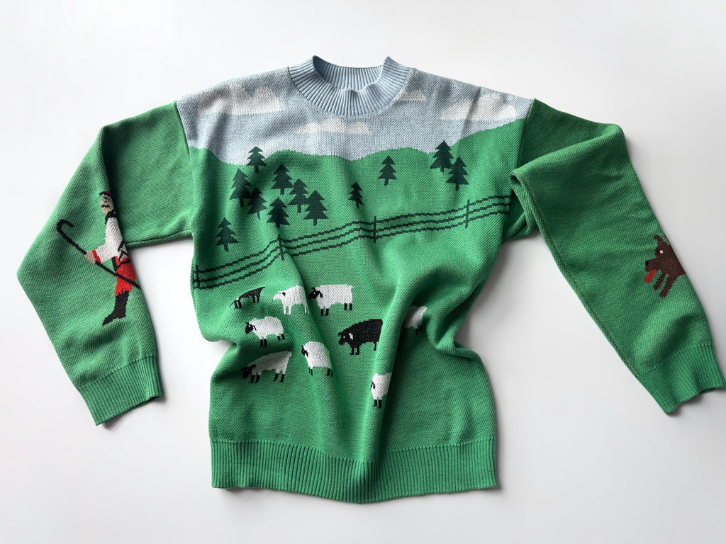 Knit green soft cotton white black sheep sweater womens Green lawn White sheep pullover Light blue green Fall sweater unisex Ready to send