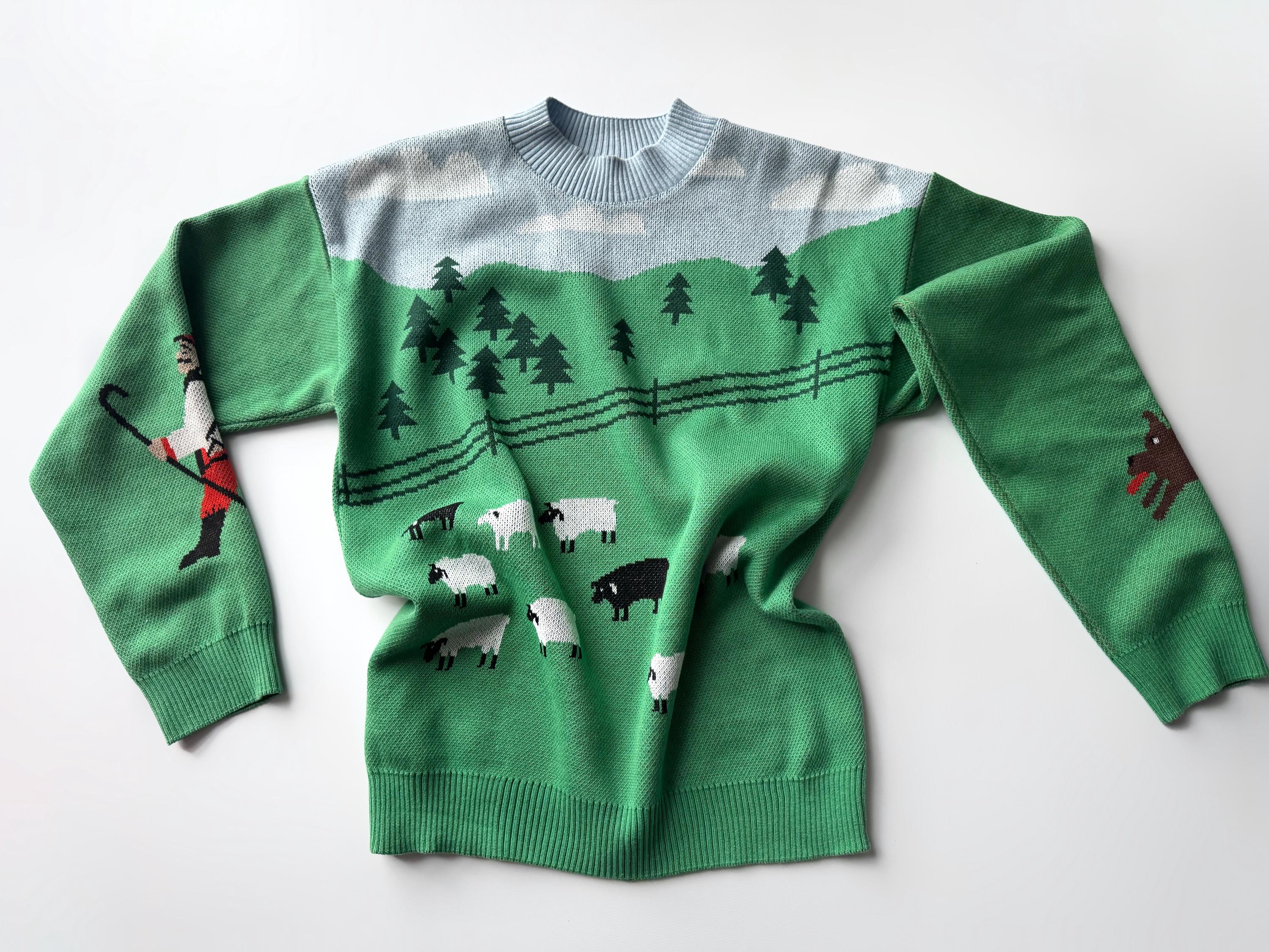 Knit green soft cotton white black sheep sweater womens Green lawn White sheep pullover Light blue green Fall sweater unisex Ready to send