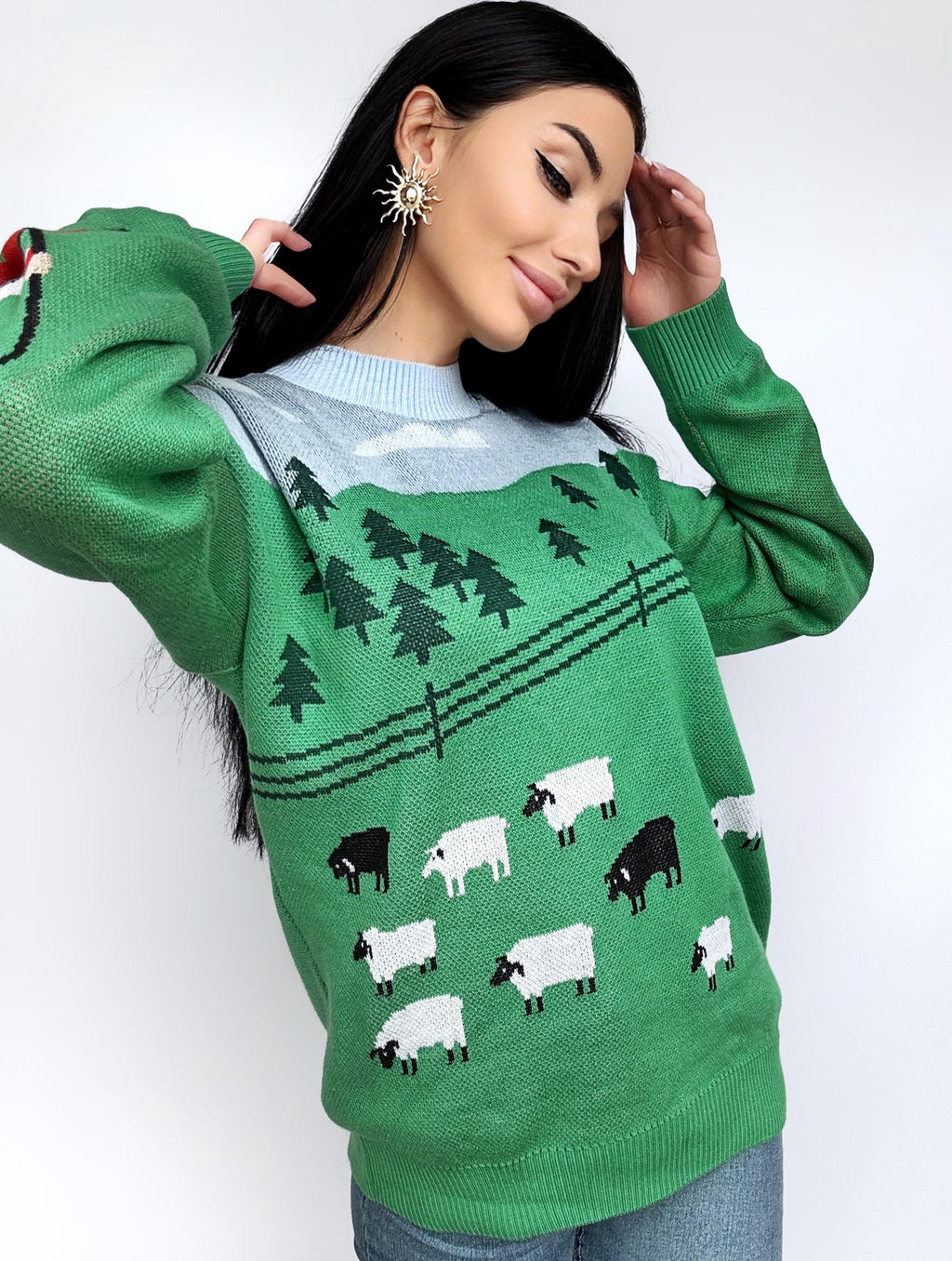 Knit green soft cotton white black sheep sweater womens Green lawn White sheep pullover Light blue green Fall sweater unisex Ready to send