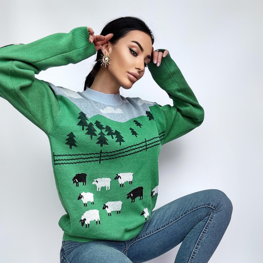 Knit green soft cotton white black sheep sweater womens Green lawn White sheep pullover Light blue green Fall sweater unisex Ready to send