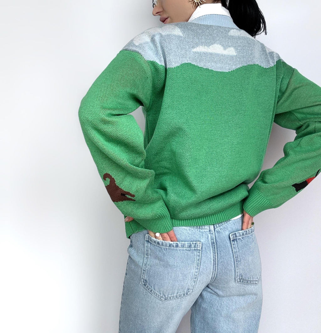 Knit green soft cotton white black sheep sweater womens Green lawn White sheep pullover Light blue green Fall sweater unisex Ready to send