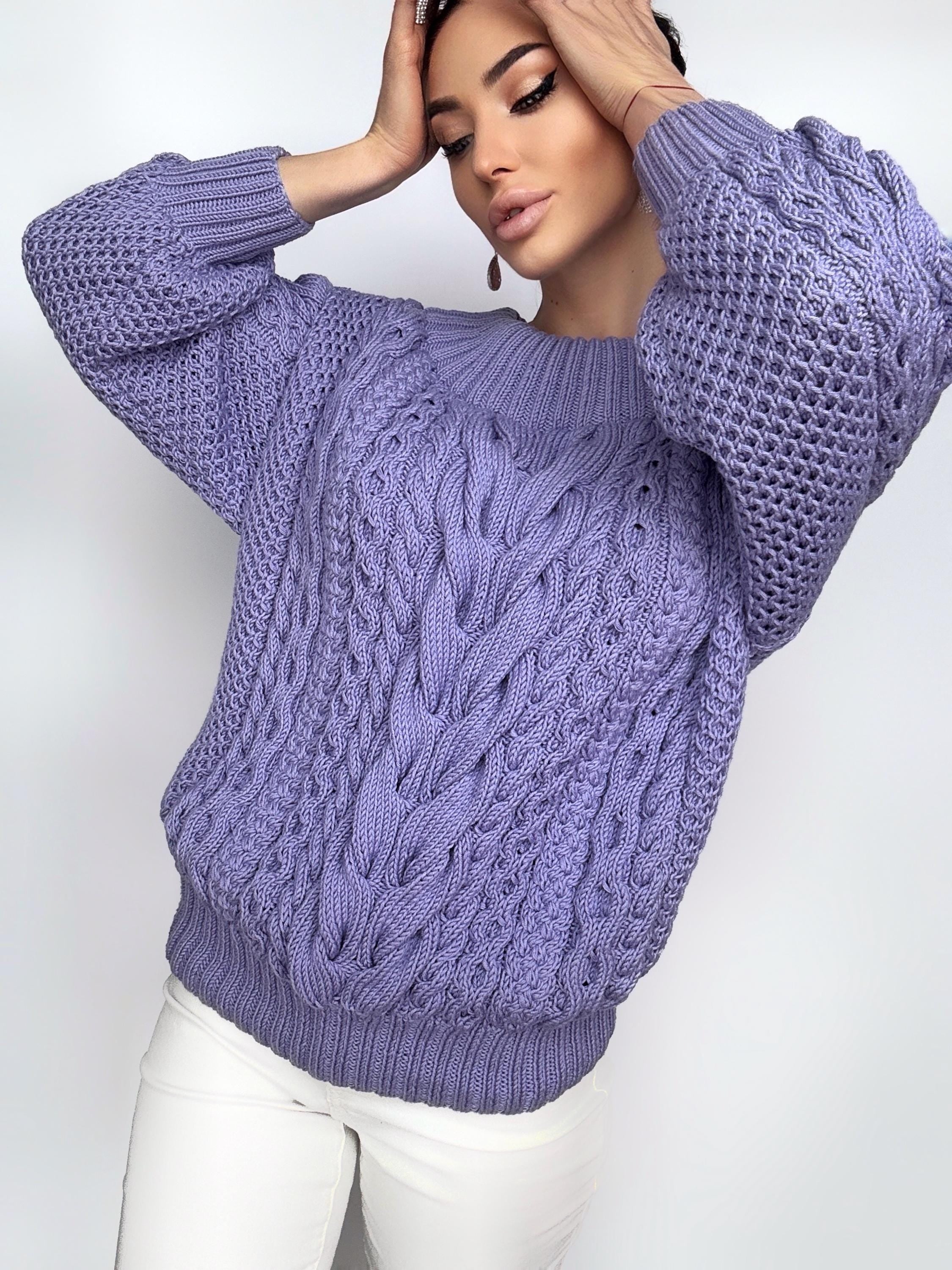 Hand knit cotton Lavender off shoulders sweater women Oversized pullover Cable knit chunky sweater puff sleeves Loose knit