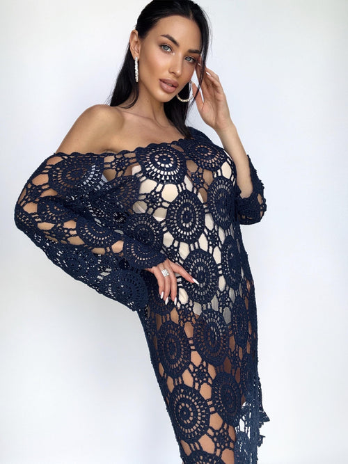 Beach dark blue dress crochet Cover-Ups Mini blue cover-ups Cotton crochet dress open back crochet vintage beachwear Lace crochet dress