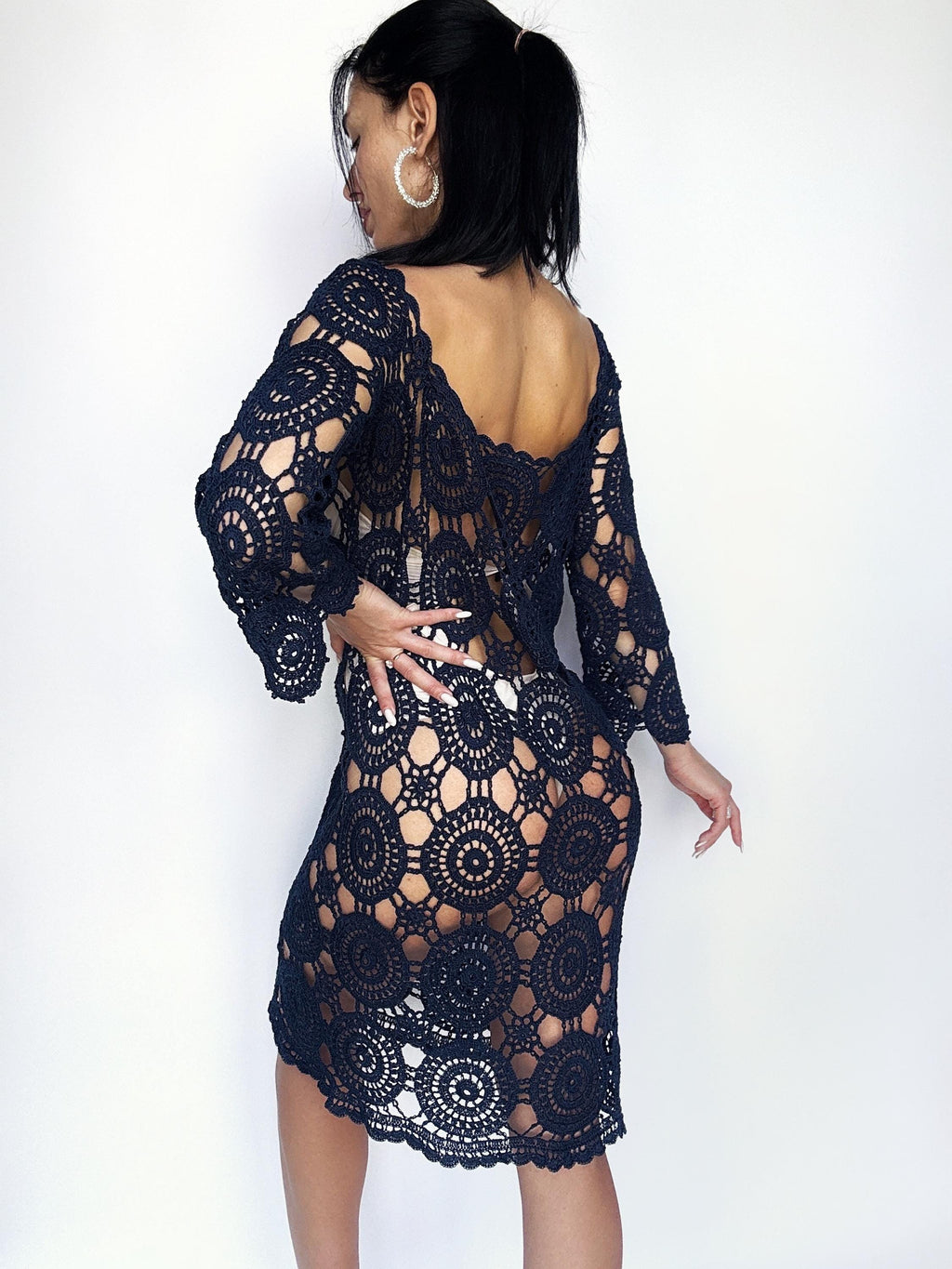 Beach dark blue dress crochet Cover-Ups Mini blue cover-ups Cotton crochet dress open back crochet vintage beachwear Lace crochet dress