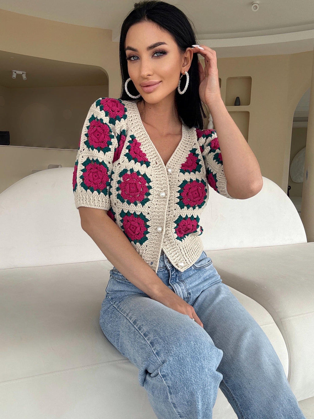 Crop crochet floral light beige pink on buttons cotton cardigan Shot sleeve top flowers roses Boho Women Knit summer blouse half sleeve