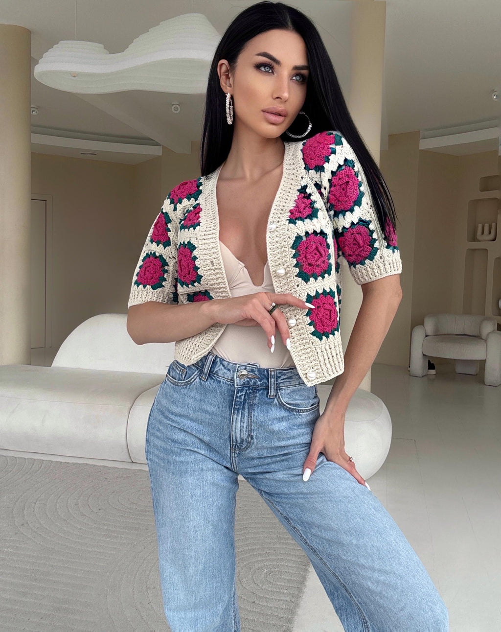 Crop crochet floral light beige pink on buttons cotton cardigan Shot sleeve top flowers roses Boho Women Knit summer blouse half sleeve