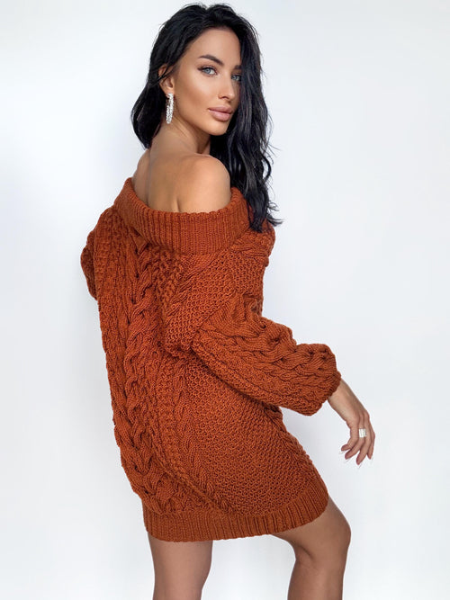 Aran merino wool sweater dress open shoulders Copper Mustard Orange one shoulder dress Cable knit wide sleeves off shoulder sweater women