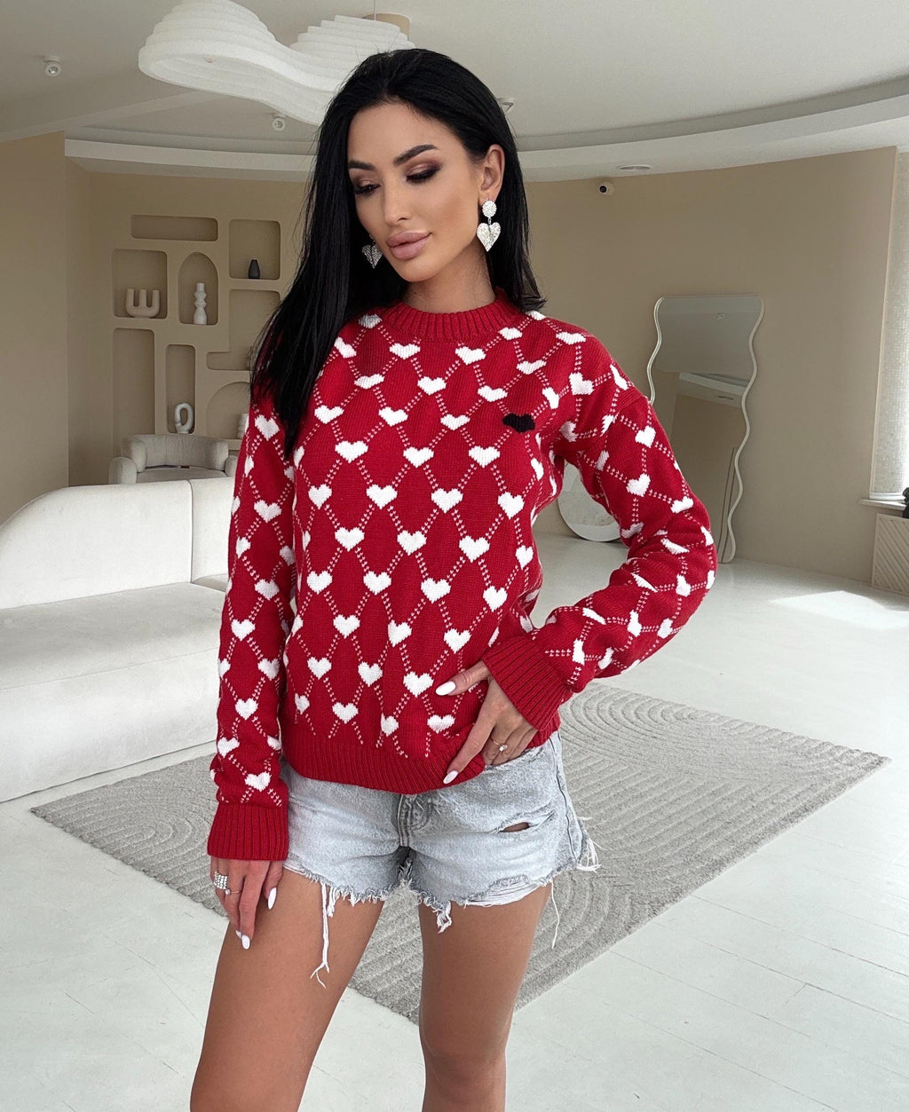 Knit merino wool red white print valentines sweater women Sweetheart black heart Red LOVE knit wool pullover large sweater christmas shirt