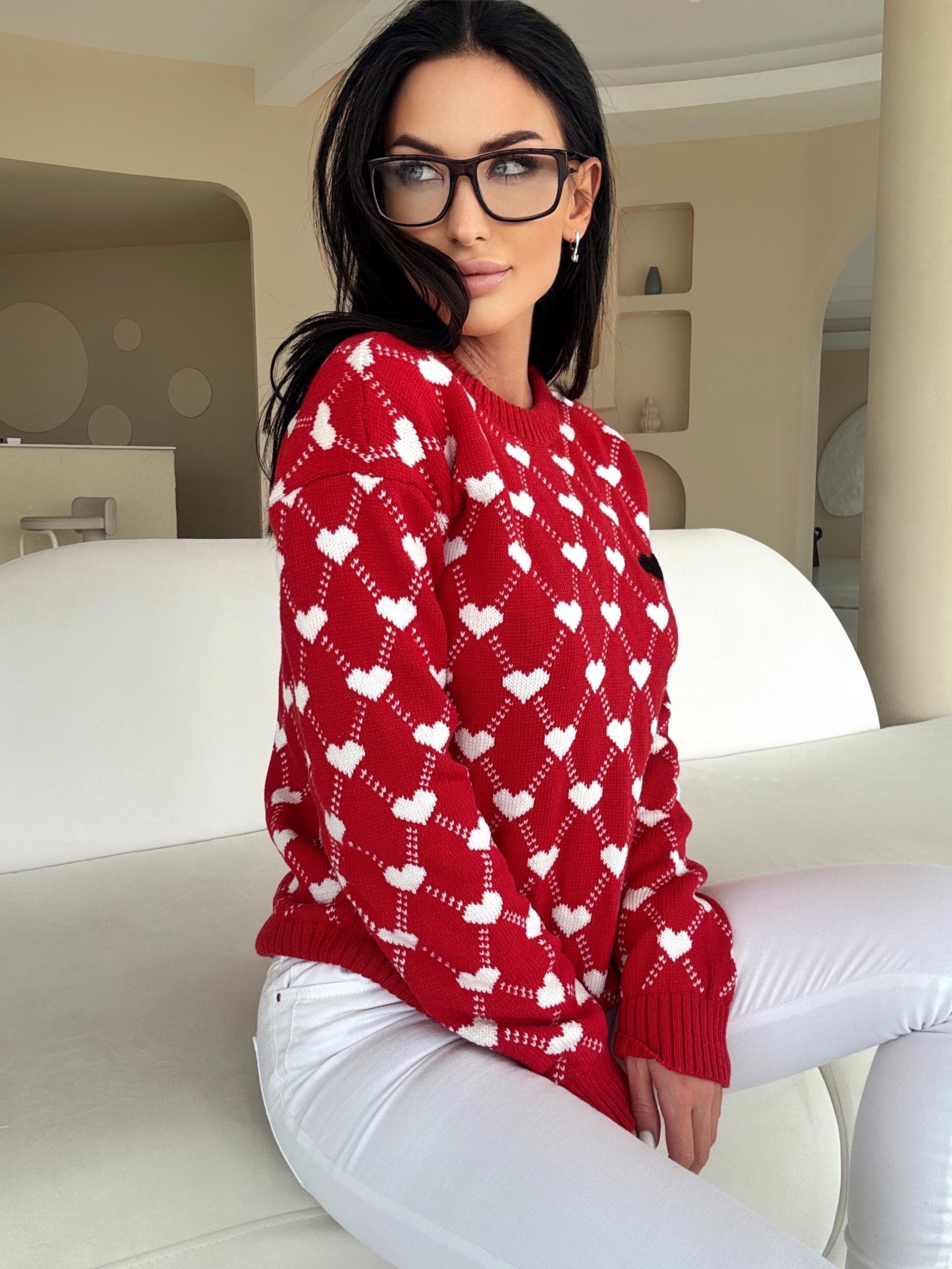 Knit merino wool red white print valentines sweater women Sweetheart black heart Red LOVE knit wool pullover large sweater christmas shirt