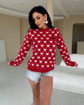 Knit merino wool red white print valentines sweater women Sweetheart black heart Red LOVE knit wool pullover large sweater christmas shirt