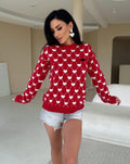 Knit merino wool red white print valentines sweater women Sweetheart black heart Red LOVE knit wool pullover large sweater christmas shirt