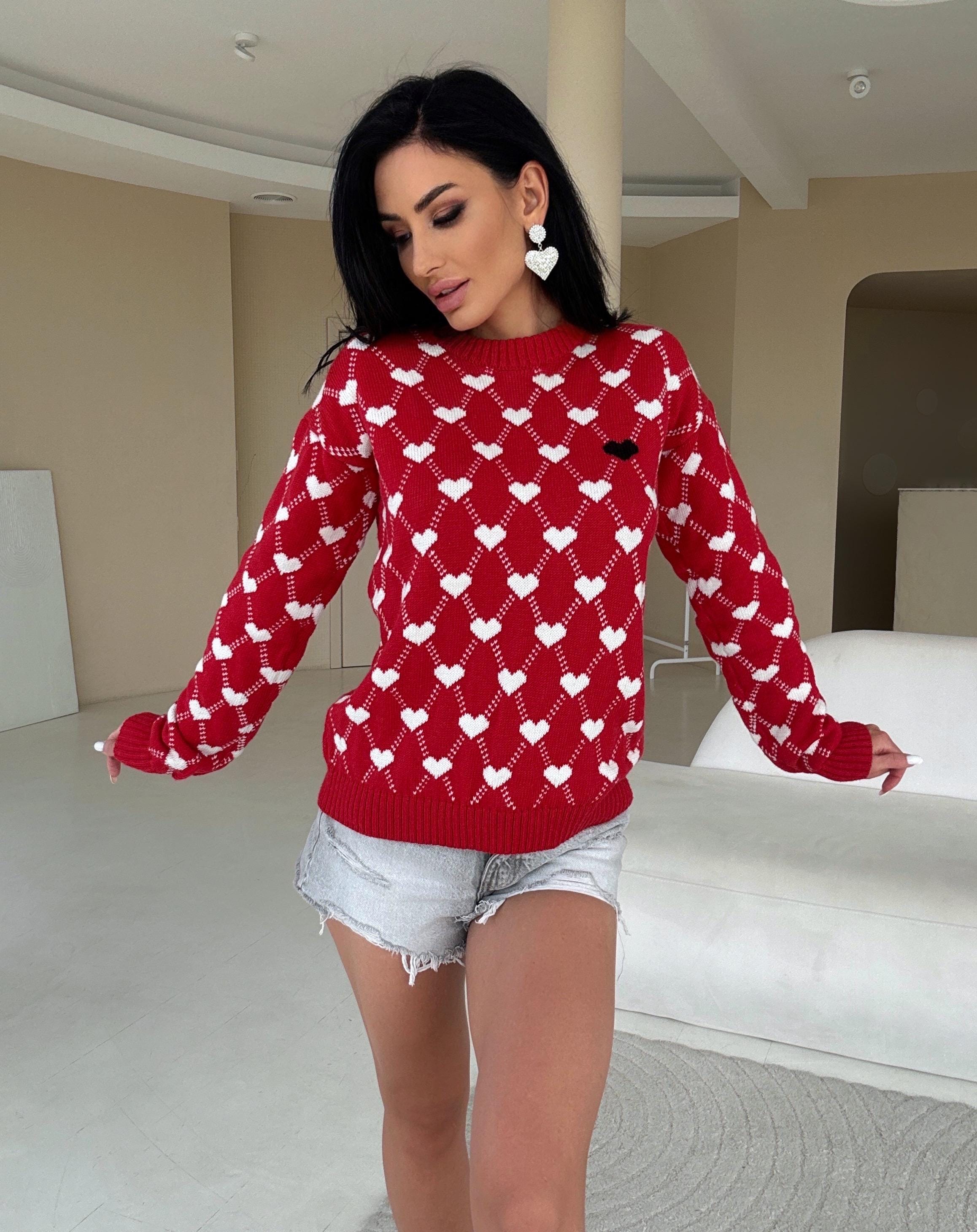 Knit merino wool red white print valentines sweater women Sweetheart black heart Red LOVE knit wool pullover large sweater christmas shirt