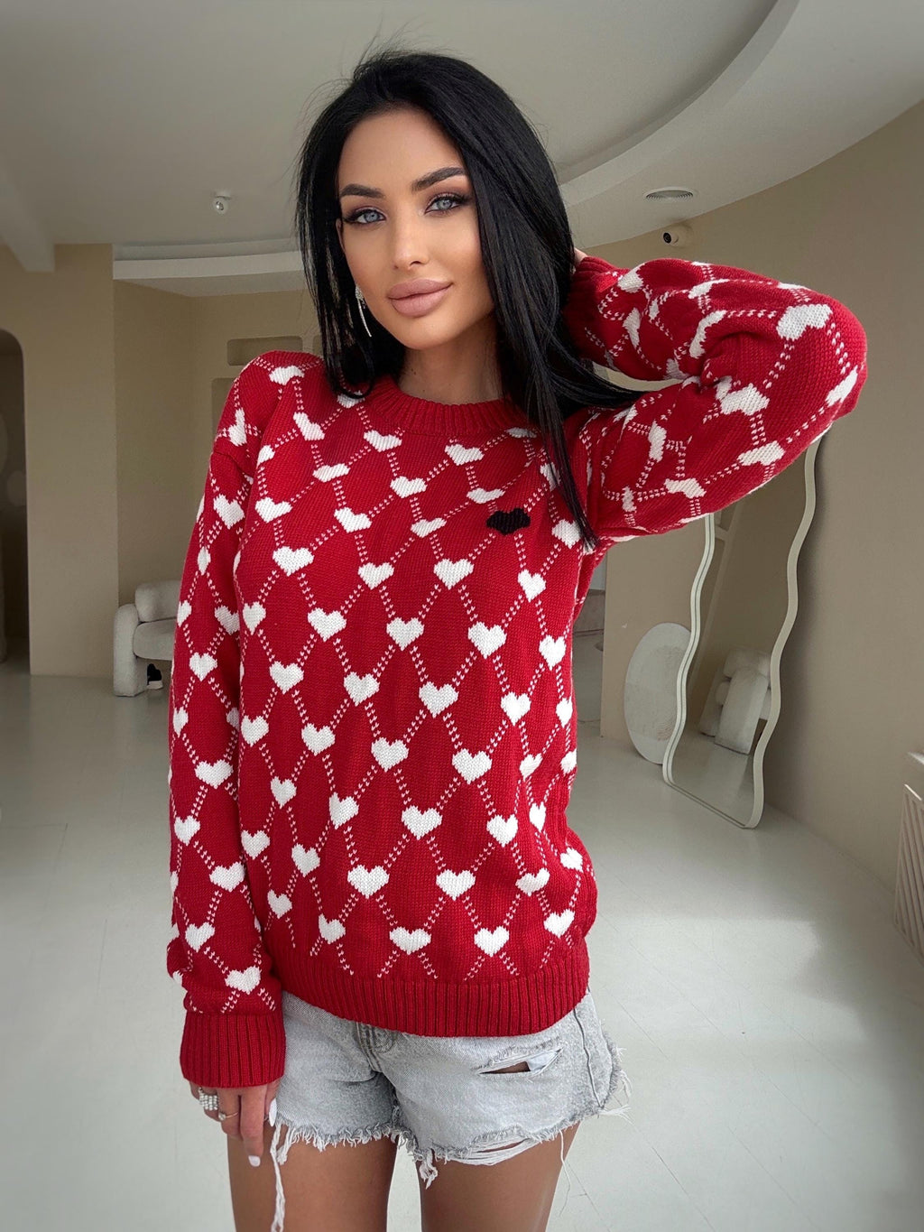 Knit merino wool red white print valentines sweater women Sweetheart black heart Red LOVE knit wool pullover large sweater christmas shirt