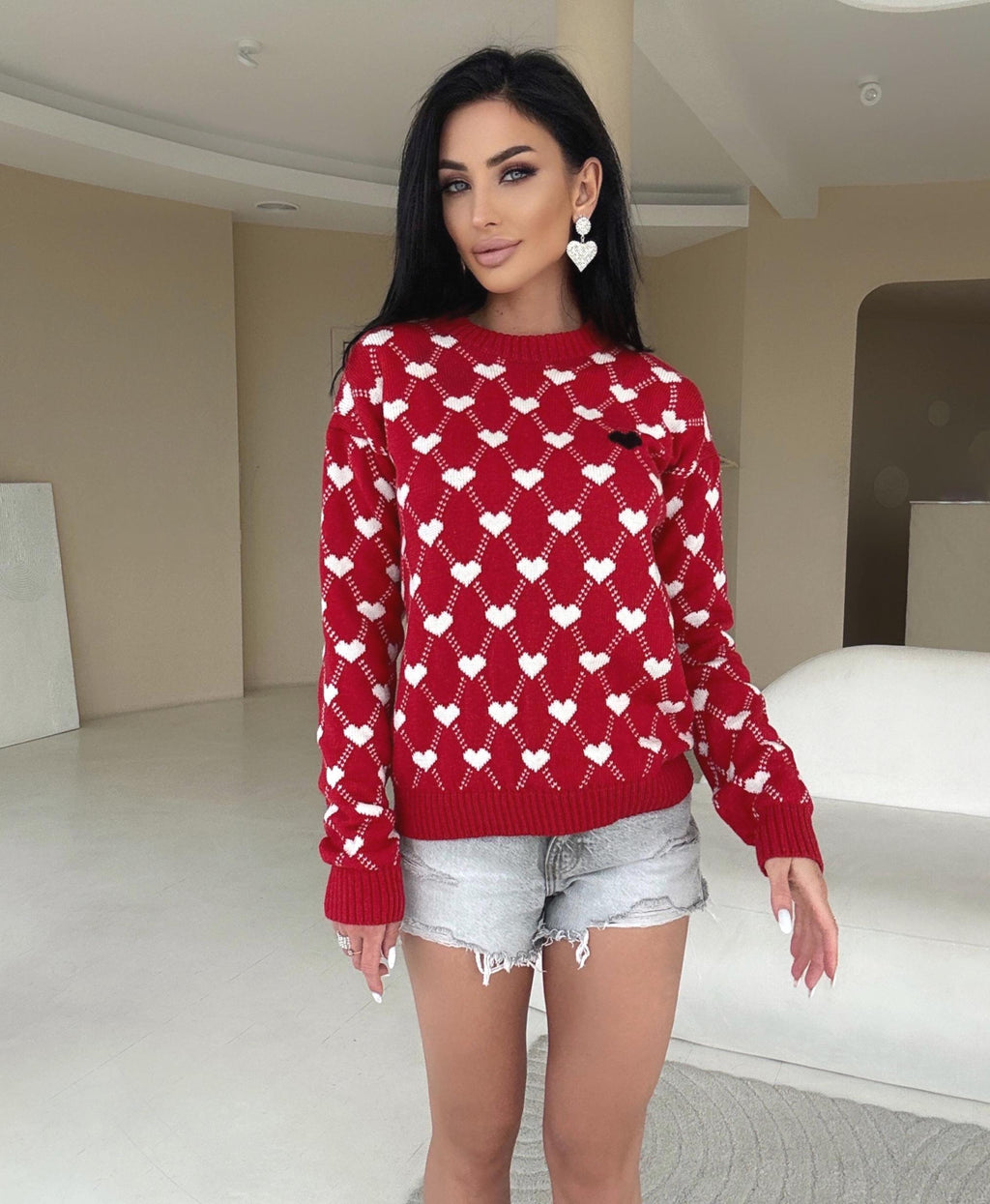Knit merino wool red white print valentines sweater women Sweetheart black heart Red LOVE knit wool pullover large sweater christmas shirt