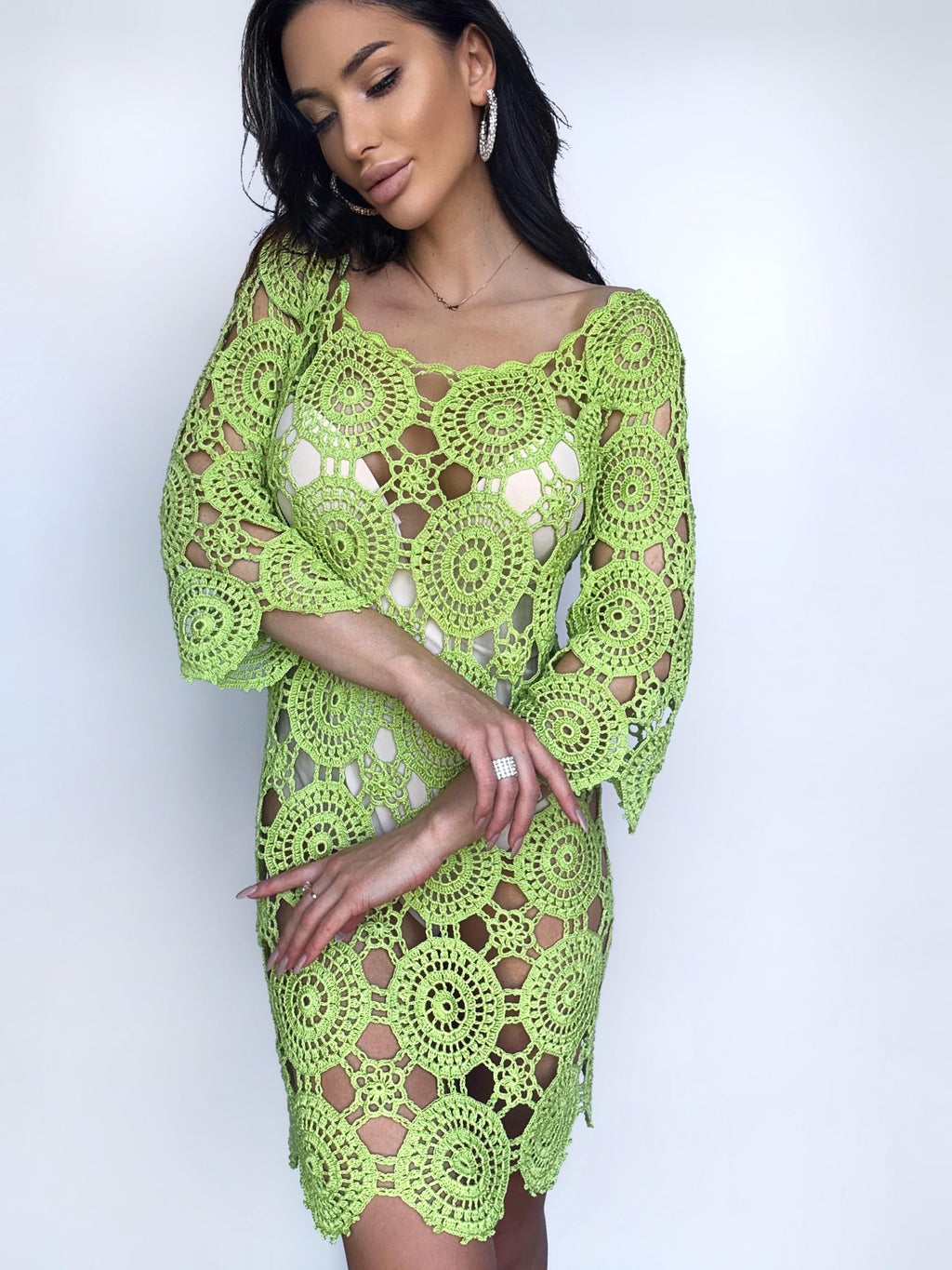 Light green organic cotton beach dress cover ups Mini green white crochet cover-ups knee-deep Open back cotton lace dress Beachwear women