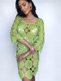 Light green organic cotton beach dress cover ups Mini green white crochet cover-ups knee-deep Open back cotton lace dress Beachwear women