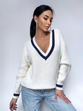 Merino wool V-neck white milky blue cable knitted university sweater Chunky knit sweater woman Office pullover Thigh-High Sweater