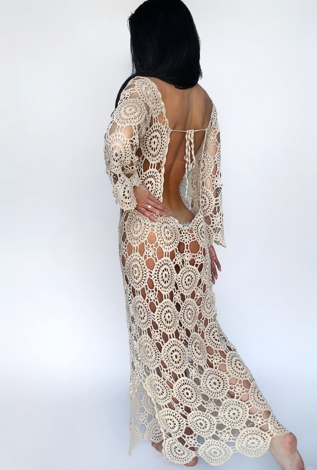 Beach beige crochet maxi open back dress Beach cotton cover up Wedding white pastel dress Boho openwork maxi summer dress Crochet swimwear