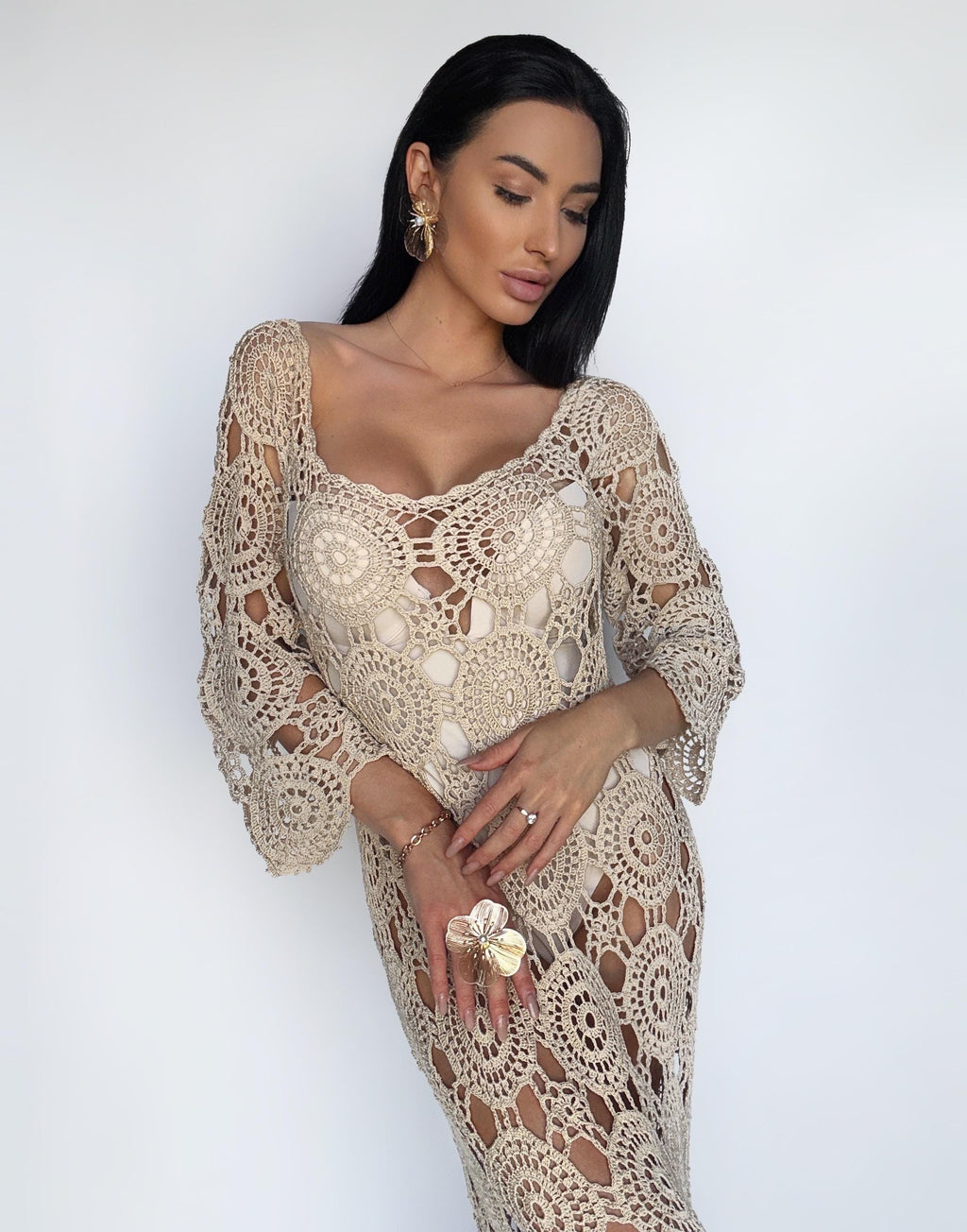 Crochet maxi beach beige open back dress Cotton cover up Wedding white pastel dress Boho openwork maxi summer dress Crochet swimwear