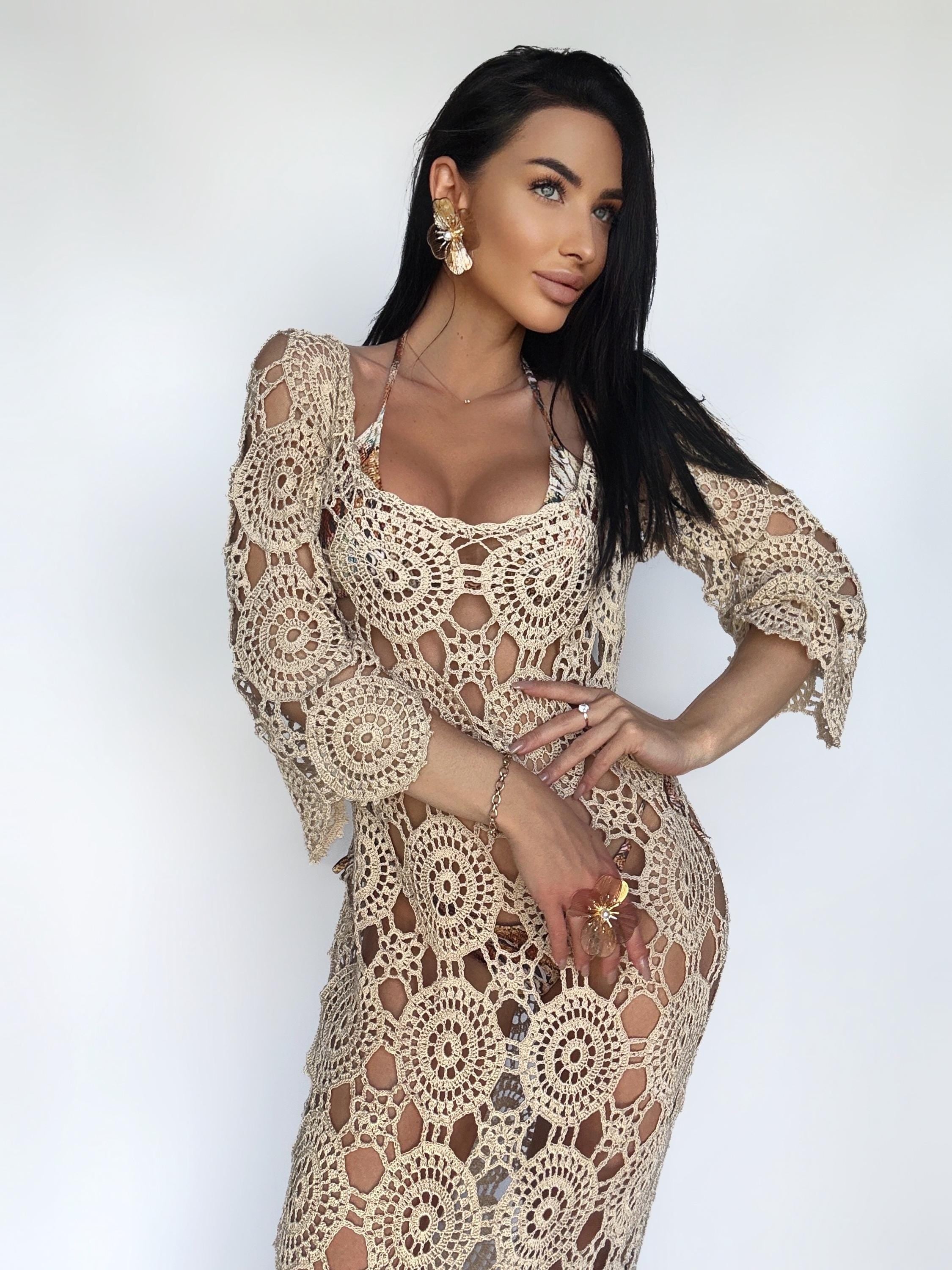 Beach beige crochet maxi open back dress Beach cotton cover up Wedding white pastel dress Boho openwork maxi summer dress Crochet swimwear