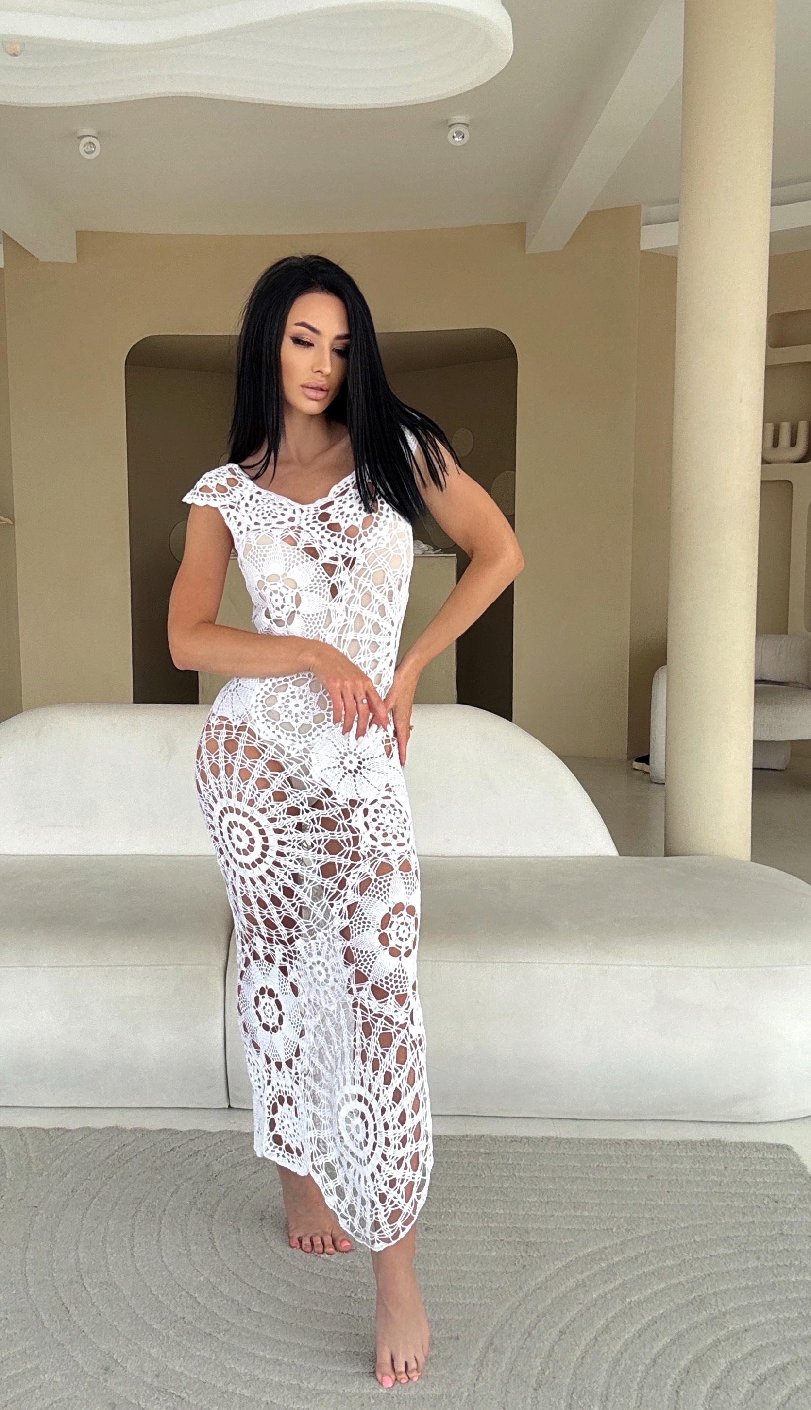 Crochet white boho dress Maxi cotton beach dress Openwork hand made lace beach tunic Bridal wedding beach dress on straps Lace cover up