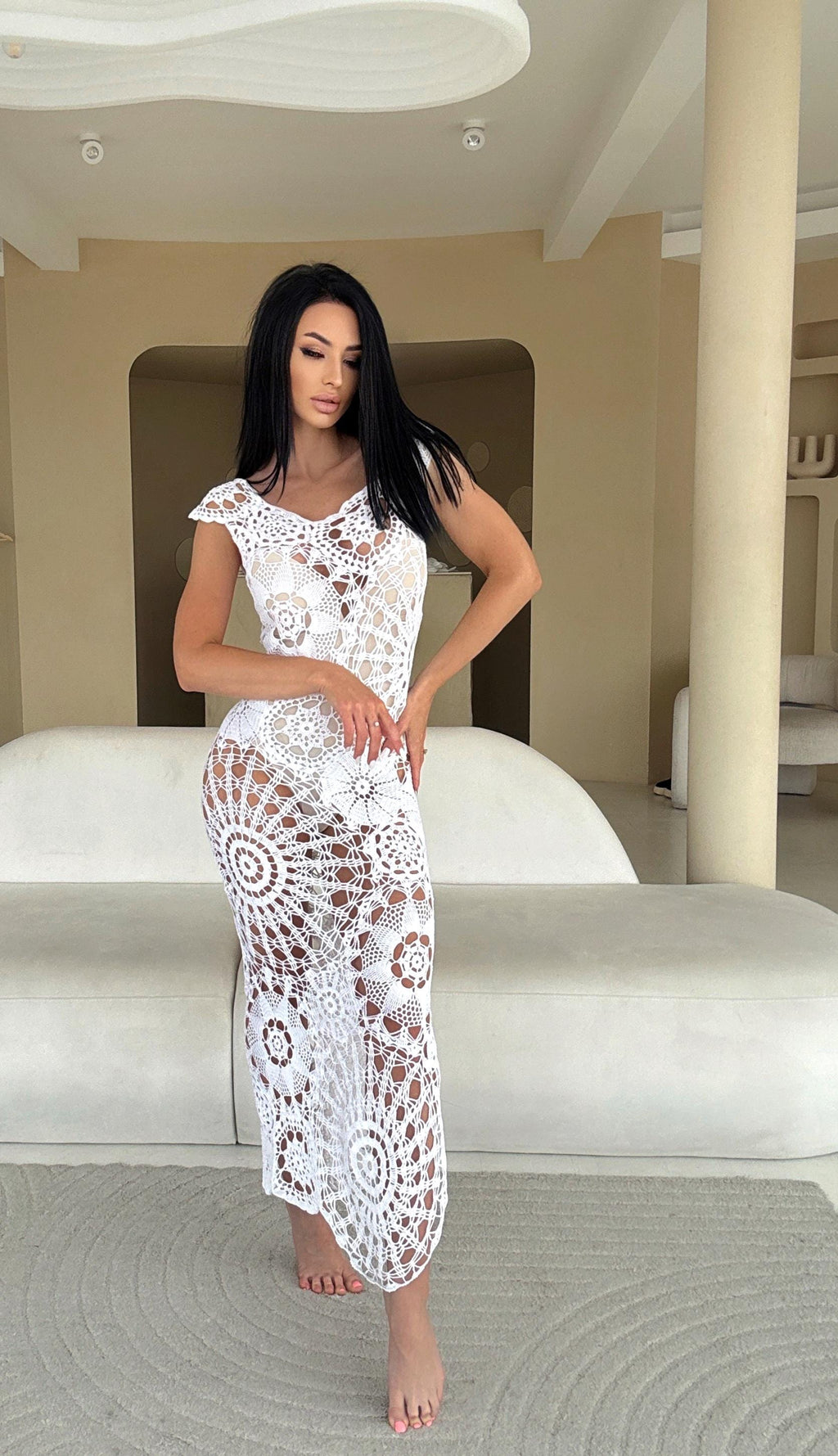 Crochet white boho dress Maxi cotton beach dress Openwork hand made lace beach tunic Bridal wedding beach dress on straps Lace cover up
