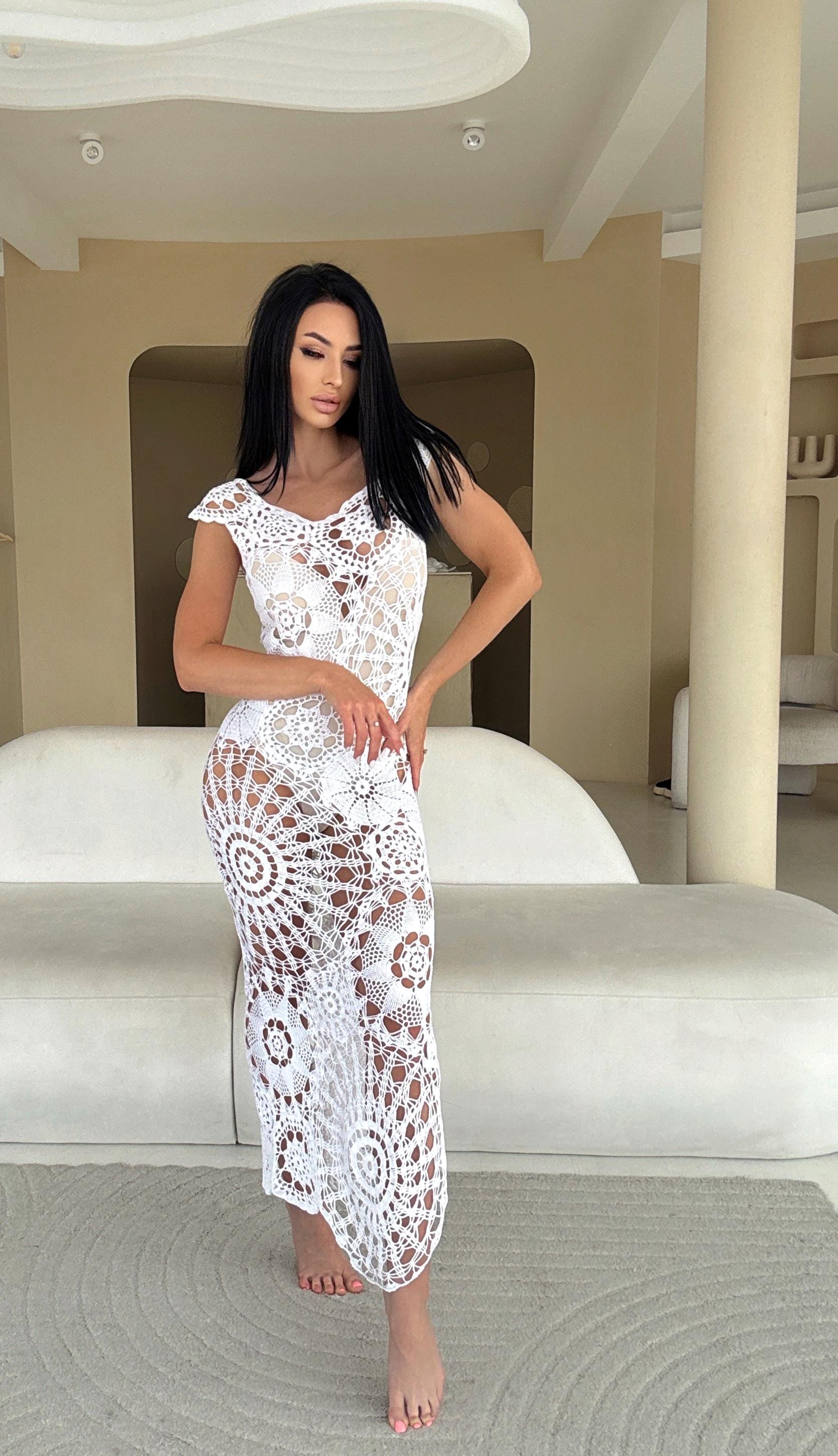 Crochet white boho dress Maxi cotton beach dress Openwork hand made lace beach tunic Bridal wedding beach dress on straps Lace cover up