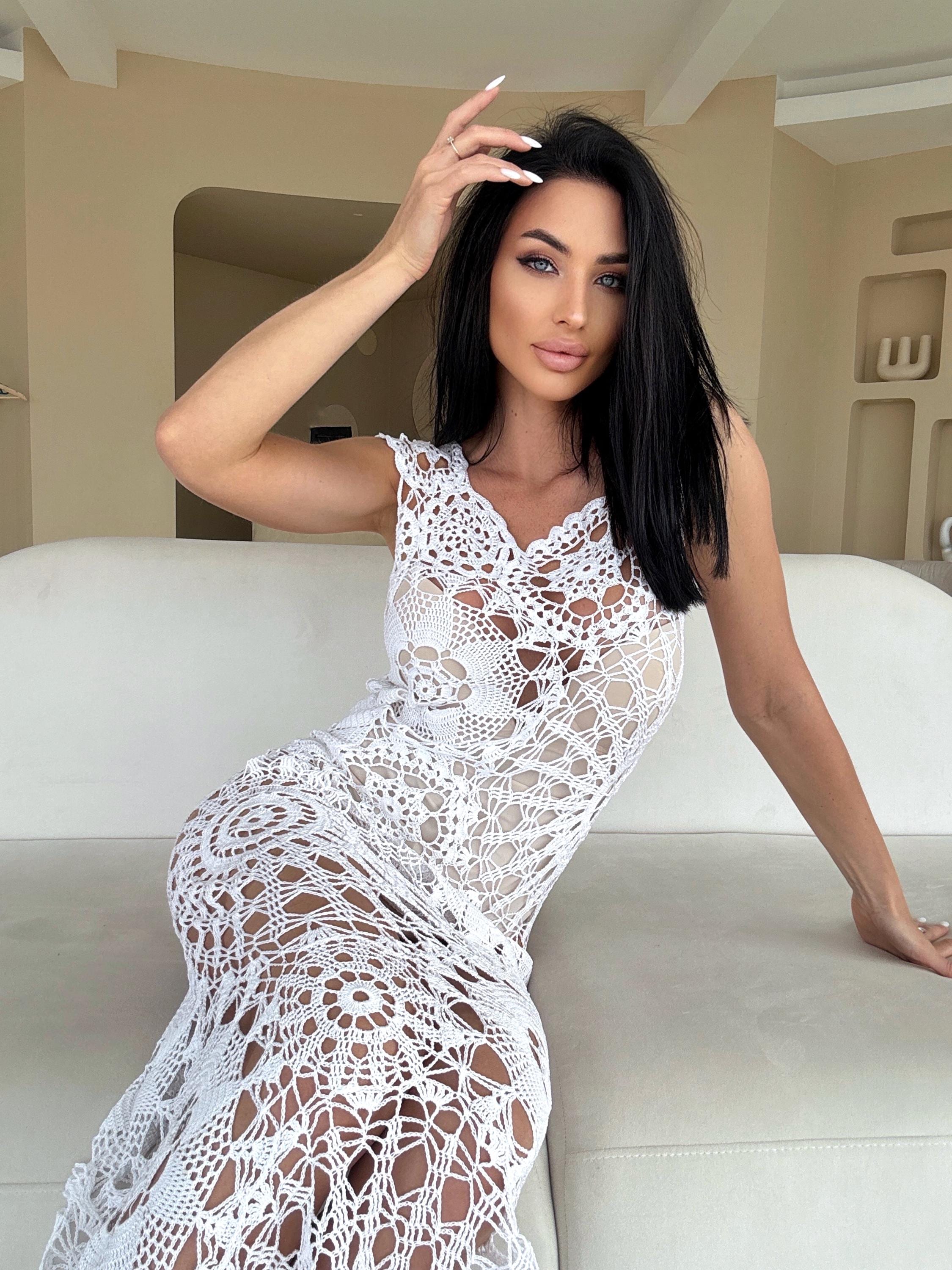 Crochet white boho dress Maxi cotton beach dress Openwork hand made lace beach tunic Bridal wedding beach dress on straps Lace cover up