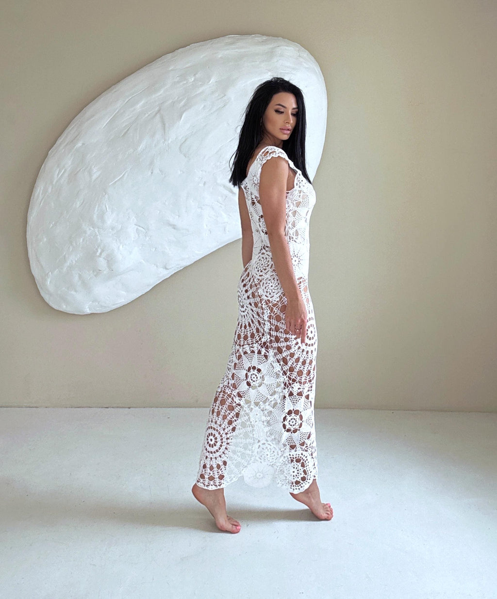 Crochet white boho dress Maxi cotton beach dress Openwork hand made lace beach tunic Bridal wedding beach dress on straps Lace cover up