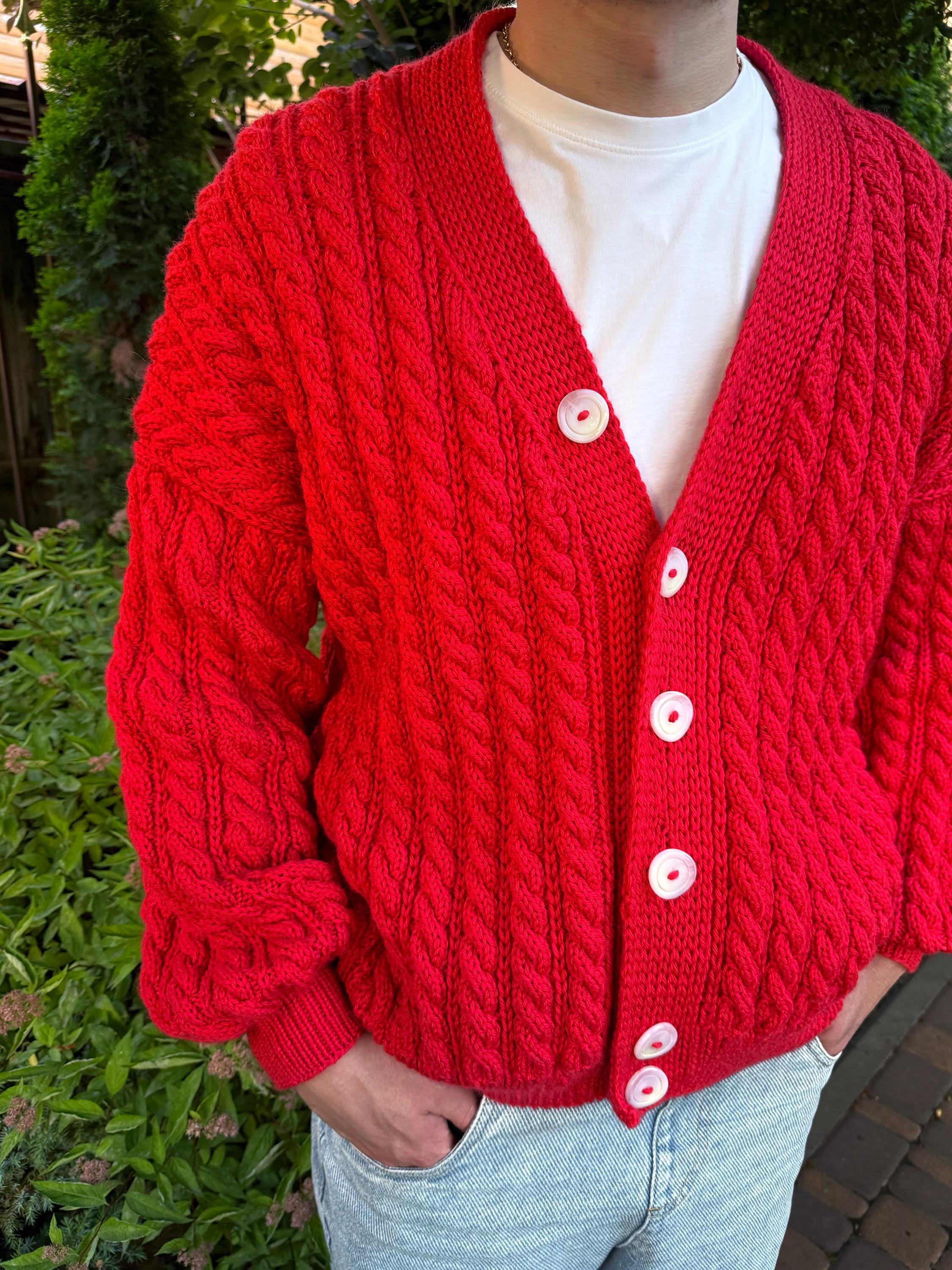 Cable knit mens unisex merino wool cardigan on buttons Hand knit red cardigan sweater Chunky knit сozy cardigan knitted jacket Gift for him
