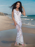 White bridal beach maxi dress cover-ups Maxi organic cotton beach dress on straps Openwork hand made wedding lace dress for beach Cover up