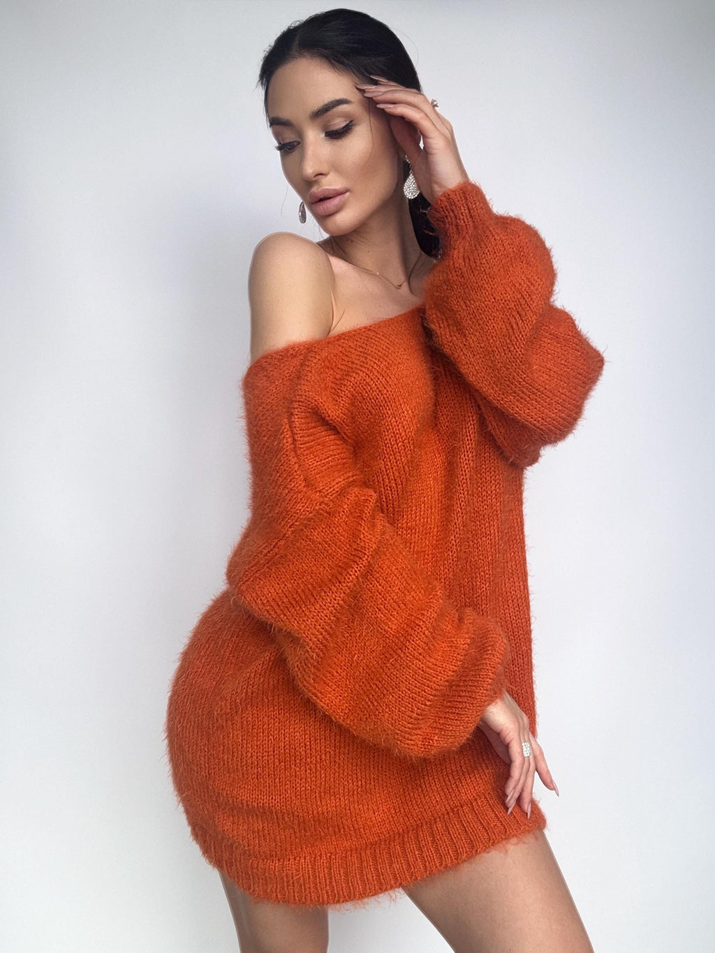 Soft wool free knit orange sweater dress Merino mix for sensitive skin Fluffy body friendly pullover Open back Deep V-neckline Loose fit