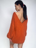 Soft wool free knit orange sweater dress Merino mix for sensitive skin Fluffy body friendly pullover Open back Deep V-neckline Loose fit