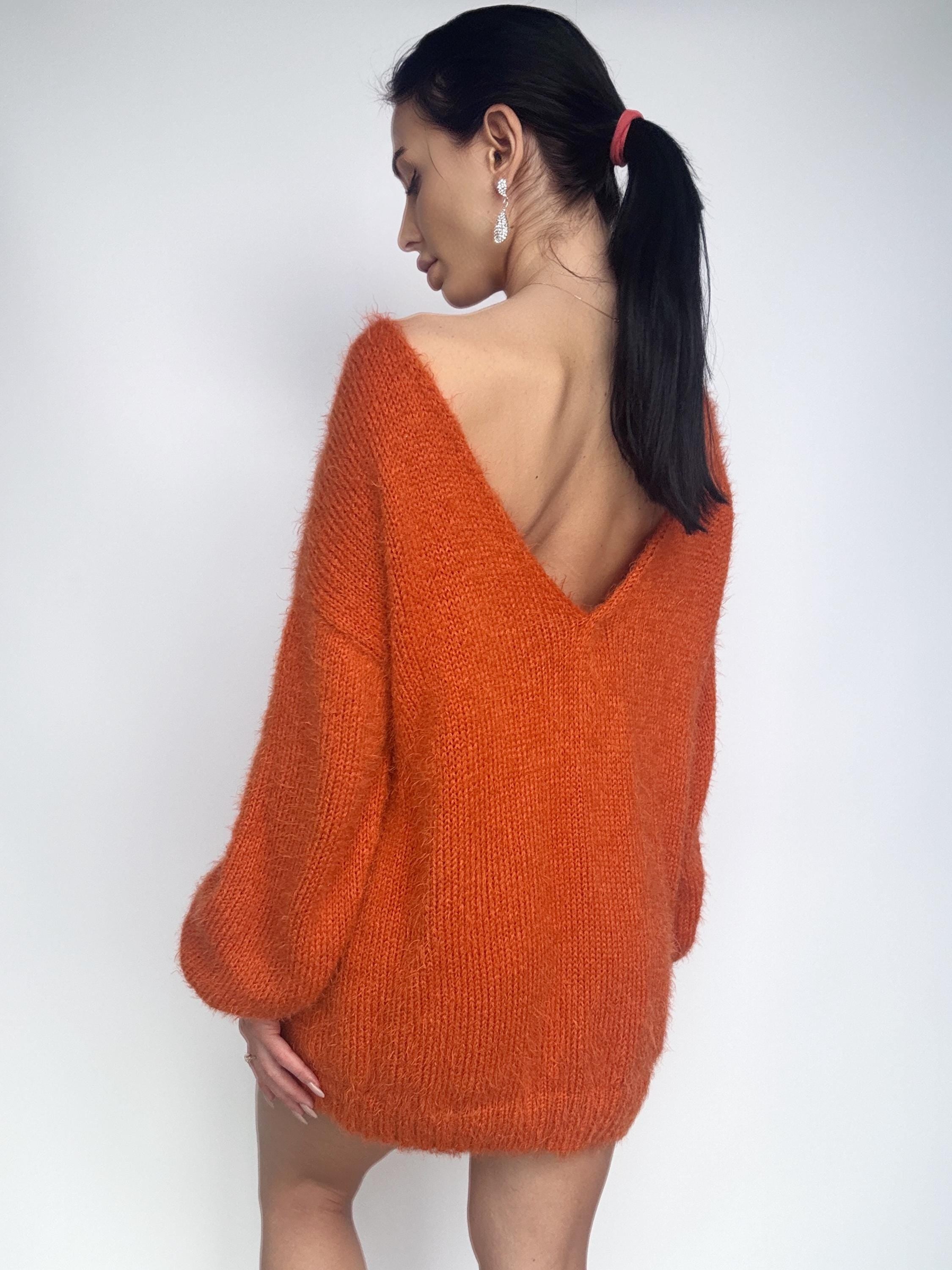 Soft wool free knit orange sweater dress Merino mix for sensitive skin Fluffy body friendly pullover Open back Deep V-neckline Loose fit
