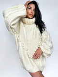 Chunky knit big milk white wool sweater dress Cable knit pastel cream sweater high collar Puff sleeves Knit turtleneck Super Bulky Sweater