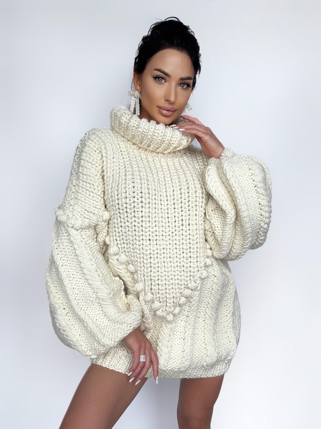 Hand knit big cream white wool sweater Cable knit pastel white super bulky sweater high collar Puff sleeves turtleneck chunky knit sweater