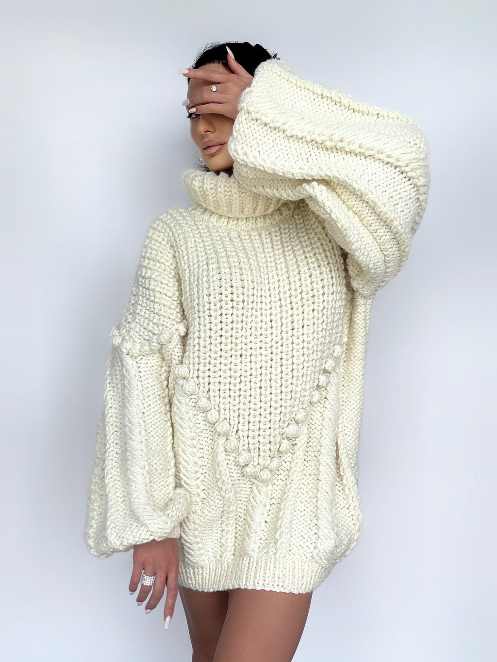 Chunky knit big milk white wool sweater dress Cable knit pastel cream sweater high collar Puff sleeves Knit turtleneck Super Bulky Sweater